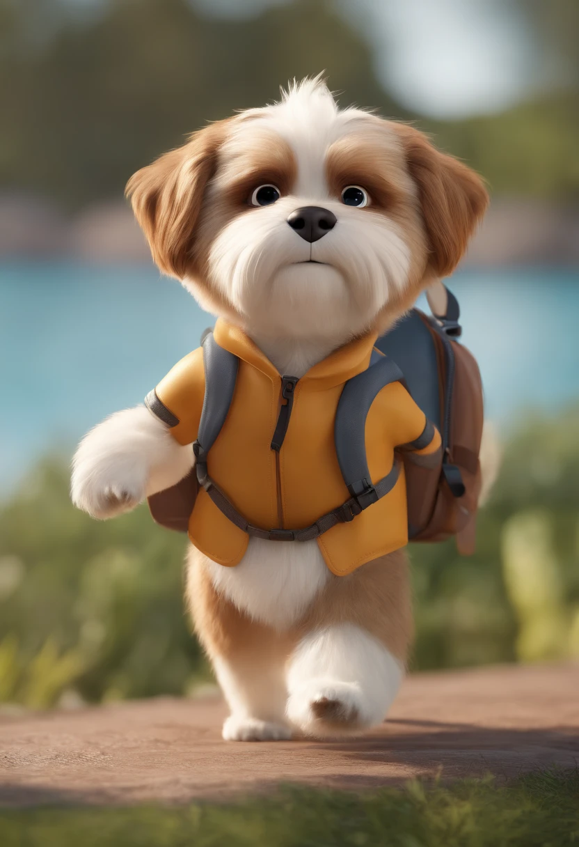 White and brown Lhasa Apso dog with backpack on its back, animation character, Caractere estilizado, animation style rendering, 3D estilizado, Arnold Maya render, 3 d render stylized, toon render keyshot, Personagem 3D, Personagem 3D, 3d rendering stylized, 3 d character render, personagem de desenho animado, Personagem de close up, Pose de personagem, (Estilo Pixar) (master part:1.2) (Bokeh) (best quality) (pele detalhada) (textura detalhada) (8k) (argila) (Cinematic lighting) (foco nítido