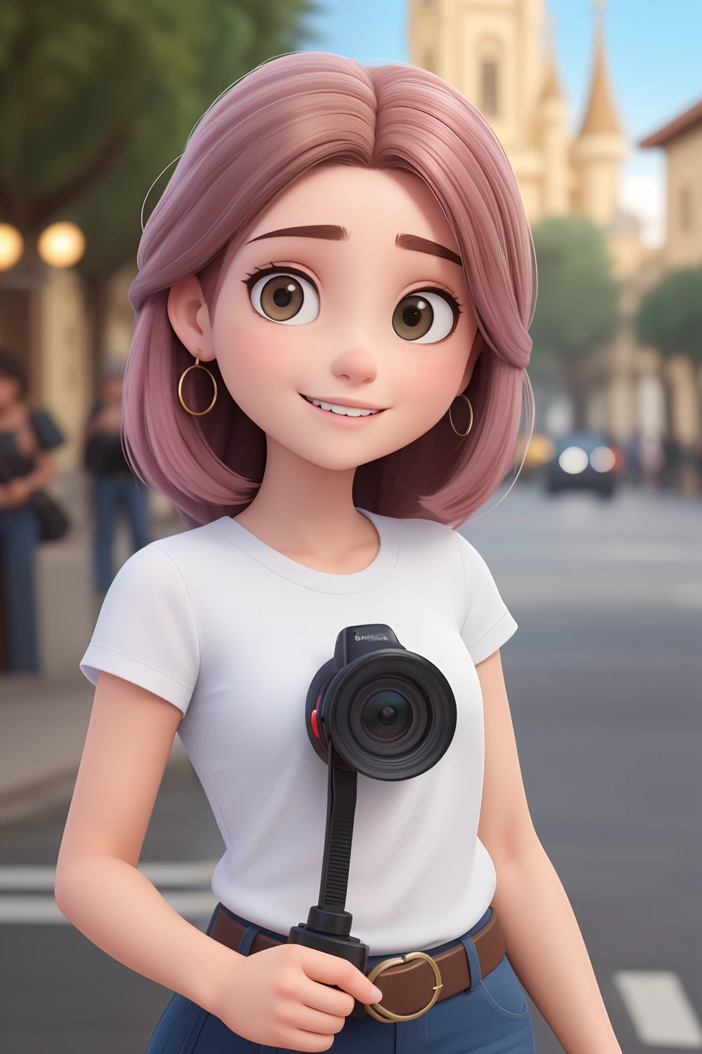 Uma mulher de 18 anos, com longos cabelos pretos , olhos pretos Rosto redondo, sorriso encantador, e olhos castanhos, brincos pequenos na orelha, na rua, Holding a camera in his hand, fotografando os lugares. No estilo Disney Pixar