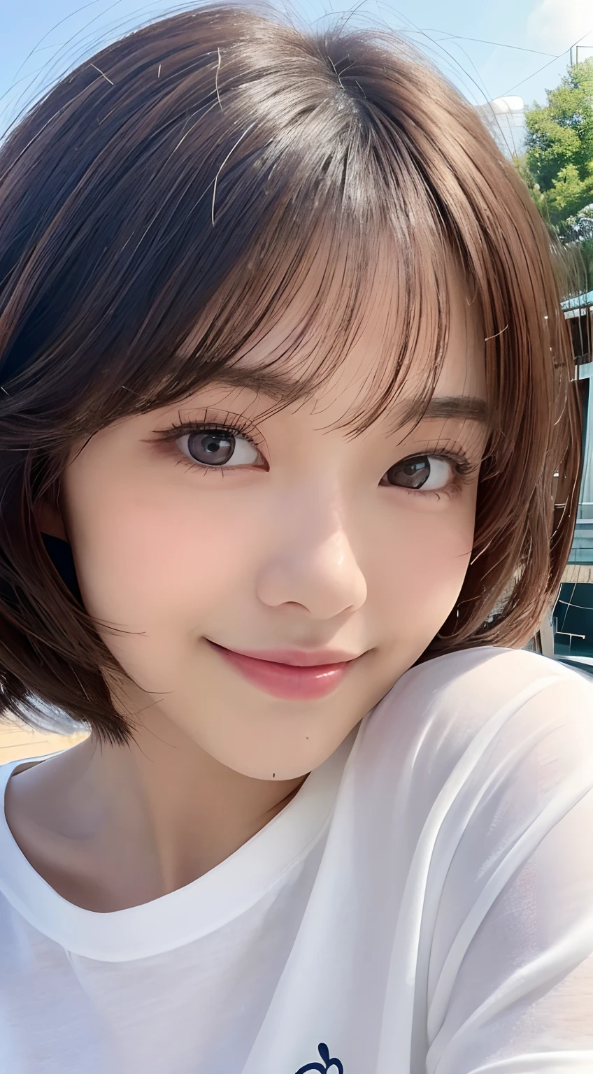 ((top-quality、8K、masterpiece:1.3))、1 girl in、Beutiful women:1.3、(short detailed hair、Big Bubu:1.2)、Small bikini in pastel colors:1.2、The face is super delicate、Elaborate Eyes、二重まぶた、A smile、Duan、Resort poolside、Outside is the sea、Hair color is brown、Bar and cocktails、the sunset、close up shot from the top
