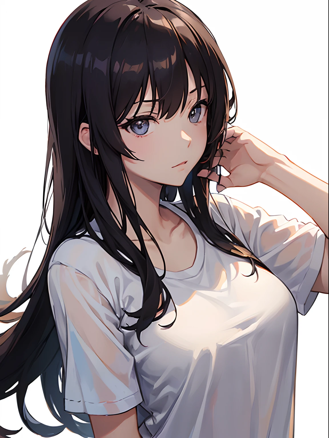 (((masutepiece))), (Portrait), Ayaka, diffuse glow, dynamic shadow, Sharp Focus, Realistic, Detailed, hight resolution, absurderes, White background, (Squeeze), Looking to the side, V arm, T-shirt, No bra