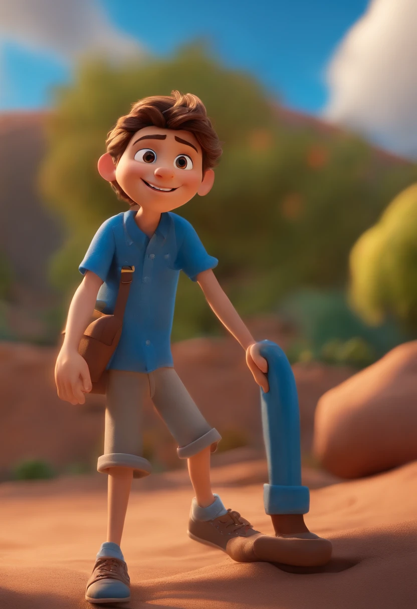 Garoto, estilo disney, tom de pele: claro: Cabelo: marrom escuro, liso, curto, penteado para o lado direito. camisa: social, Cor azul. Fundo: Gray and white gradient,Comemorando, Hands raised, sorrindo, feliz, (estilo pixar) (obra-prima:1.2) (bokeh) (melhor qualidade) (pele detalhada) (textura detalhada) (8k) (claymation) (cinematic lighthing) (foco nítido