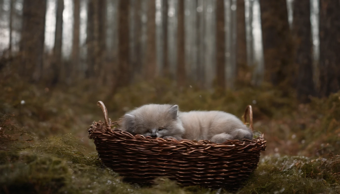 newly birthed baby lies in a nest of rags and furs in the snow covered forest at midnight, medieval Hungary, snow falls heavily, night, scene from a horror film, 8k, ultrarealistic, cinematic, cinematic scene from film