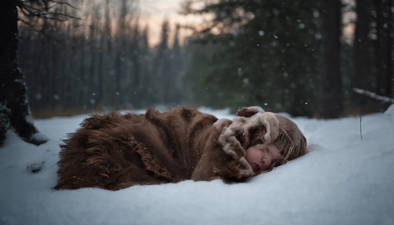 newly  lies in a nest of rags and furs in the snow covered forest at midnight, medieval Hungary, snow falls heavily, night, scene from a horror film, 8k, ultrarealistic, cinematic, cinematic scene from film