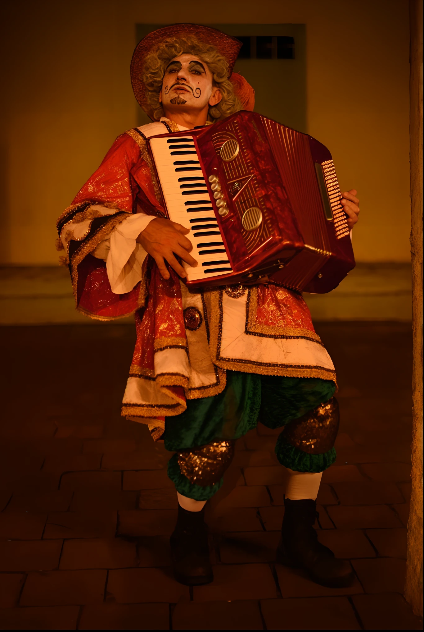 Costumed man playing accordion on a brick sidewalk, traje tradicional, traje elaborado, Ana Nikonova, musician, Valeriy Vegera, Alexandra Fomina, Tomado com uma Pentax K1000, Folclore mexicano, Sergey Krasovskiy, Sergey Zabelin, Alexey Gurylev, Oleg Korolev, fantasia