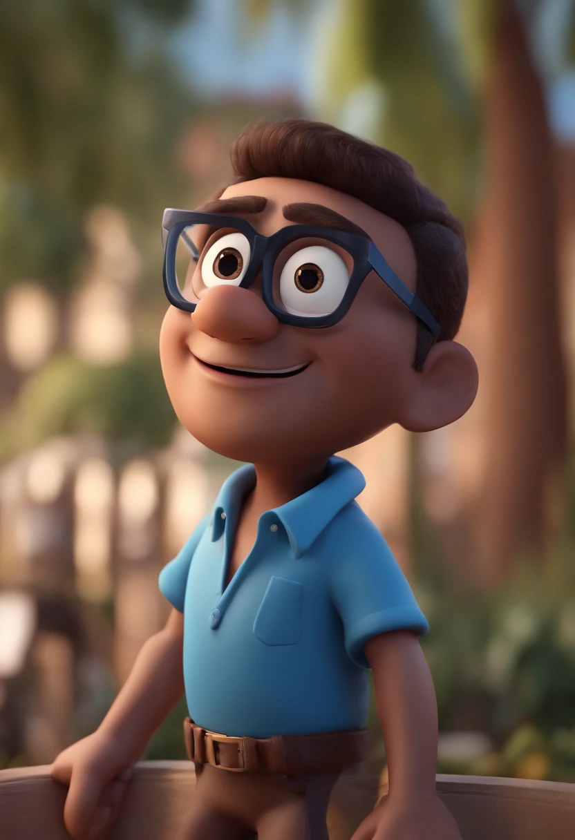 Cartoon character of a man with black glasses and a blue shirt, animation character, Caractere estilizado, animation style rendering, 3D estilizado, Arnold Maya render, 3 d render stylized, toon render keyshot, Personagem 3D, Personagem 3D, 3d rendering stylized, 3 d character render, personagem de desenho animado, Personagem de close up, Pose de personagem,  (Estilo Pixar) (master part:1.2) (Bokeh) (best quality) (pele detalhada) (textura detalhada) (8k) (argila) (Cinematic lighting) (foco nítido