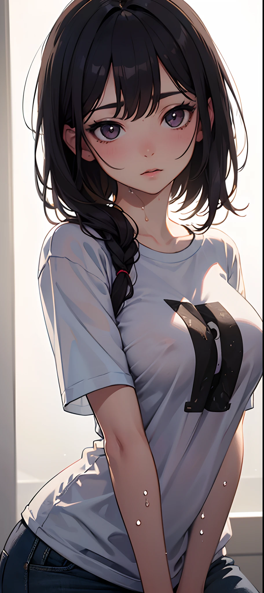 (((Masterpiece))), (portrait), Ayaka, diffused light, dynamic shadows, sharp focus, realistic, detailed, highres, absurdres, white background, (boobsqueeze), looking to the side, v arms, (((transparent t-shirt))), no bra, photorealistic, lifelike, wet, mascara, blushing