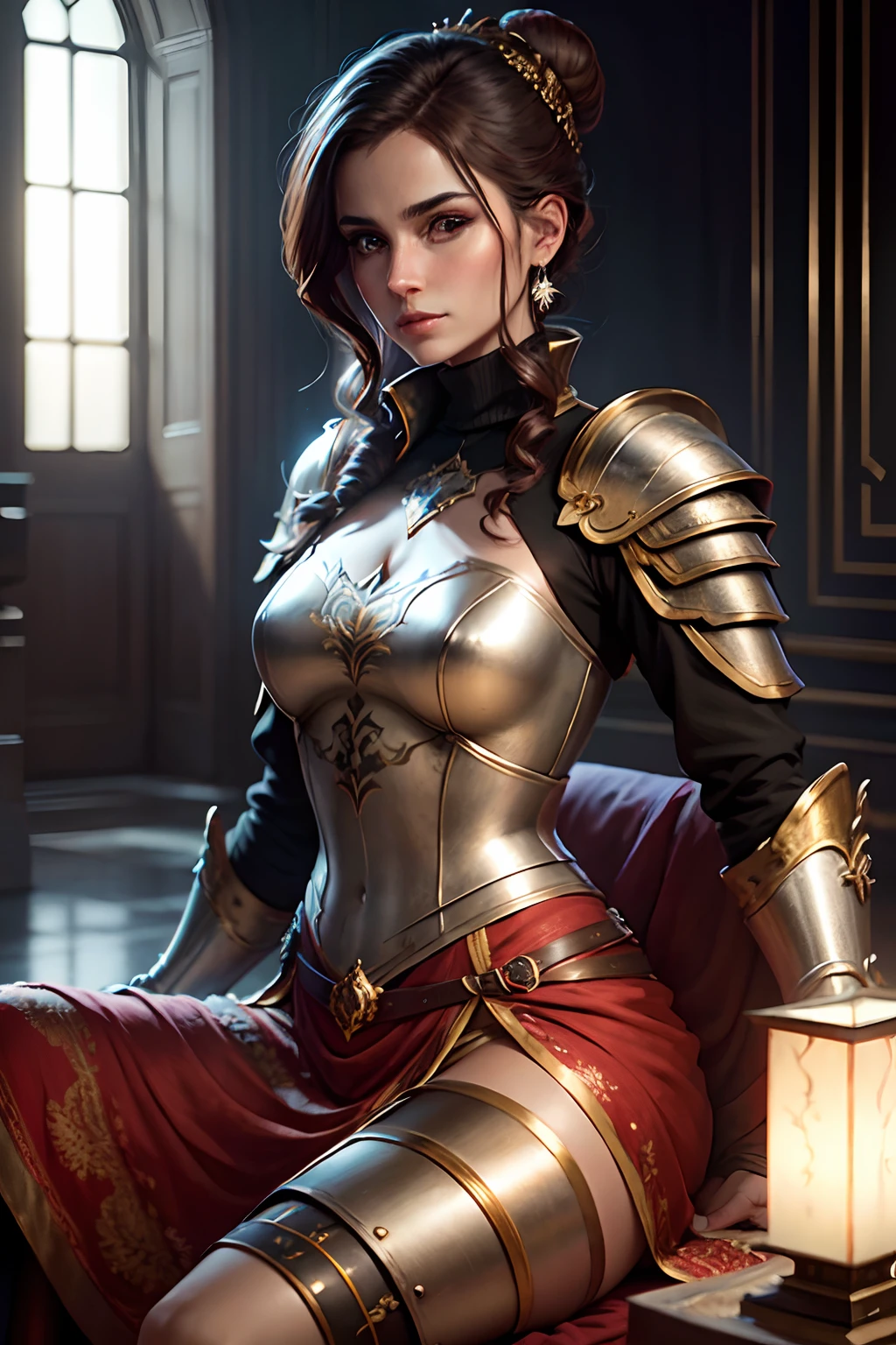 female warrior in a palace, princess, luxury royal palace, volumetric lighting, 8k resolution, photorealistic, ultra-high quality, opulent detailed background, dark brown hair in a bun, wearing a fancy royal indian battle armor, turtleneck