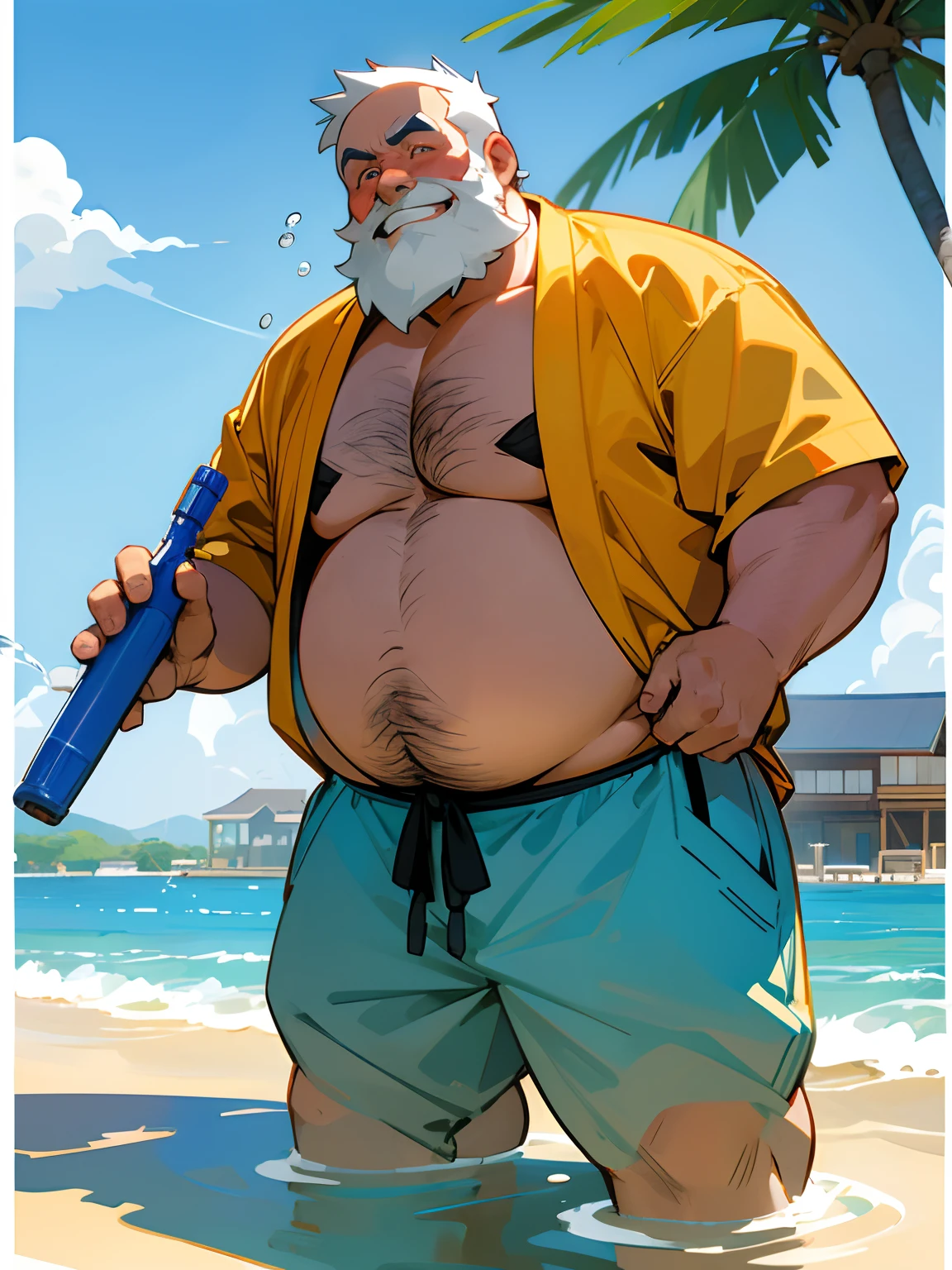 Fat grandfather beard big belly was swimming in the beach infront of his house enjoying the summer atmosphere under the sunlight he laughing and his body was sweating  with anime background style japanese building he is hot pose with using beach suit he playing water with water gun NSFW