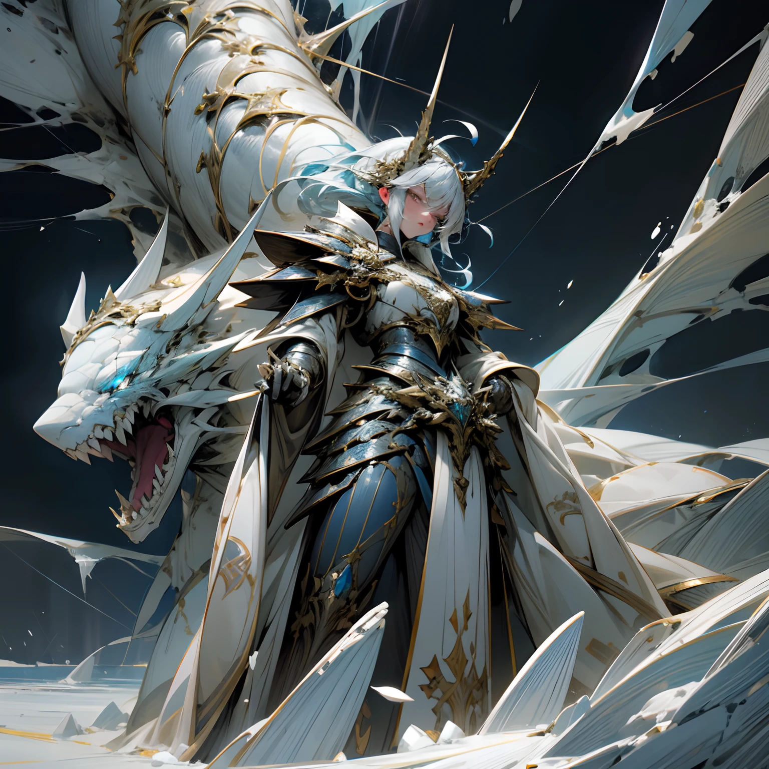 "High resolution, anime style illustration, featuring a stunning, male silver-haired knight, standing tall on an iceberg. She wears a set of exquisite, blue silver armor, adorned with delicate filigree and sharp dragon horns. In one hand, she bears a massive sword, the metal glowing with vivid blue lightning, and the ice beneath her melts and crackles. Each strand of hair, each line on her face and body, every crack and crevice in the ice, is rendered in perfect detail, resulting in an artwork of incredible quality and beauty."