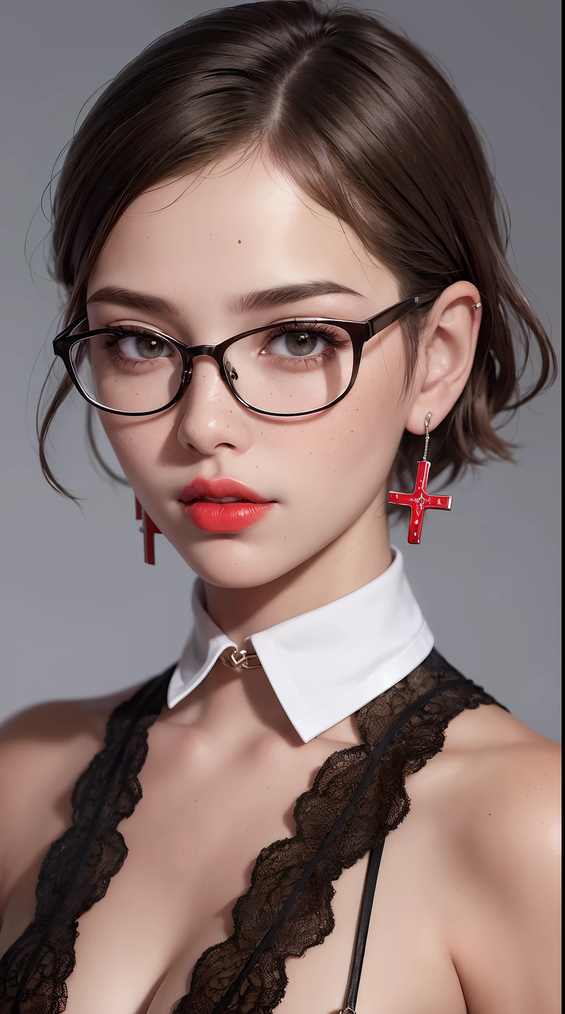 (best quality,ultra-detailed,realistic), A beautiful girl with short hair, wearing cross-shaped earrings, freckles on her face, red lips, wearing glasses.