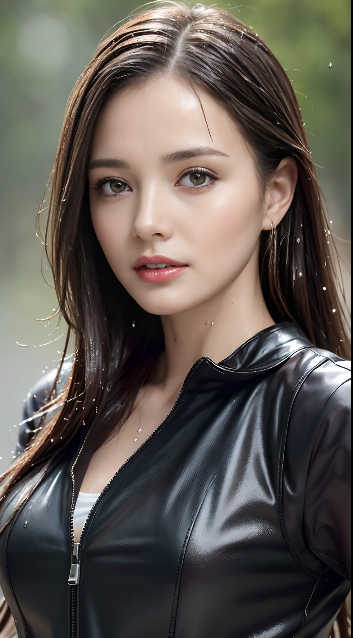 (Best quality, 4K, Masterpiece :1.3), Pretty woman, 1girll, Sexy :1.1, Dark brown hair: 1.1, (rainy wet, wet from rain, Wet body :1.2), Gilet blanc, Ultra-detailed face, Detailed lips, Dark eyes, Detailed eyes, 二重まぶた
