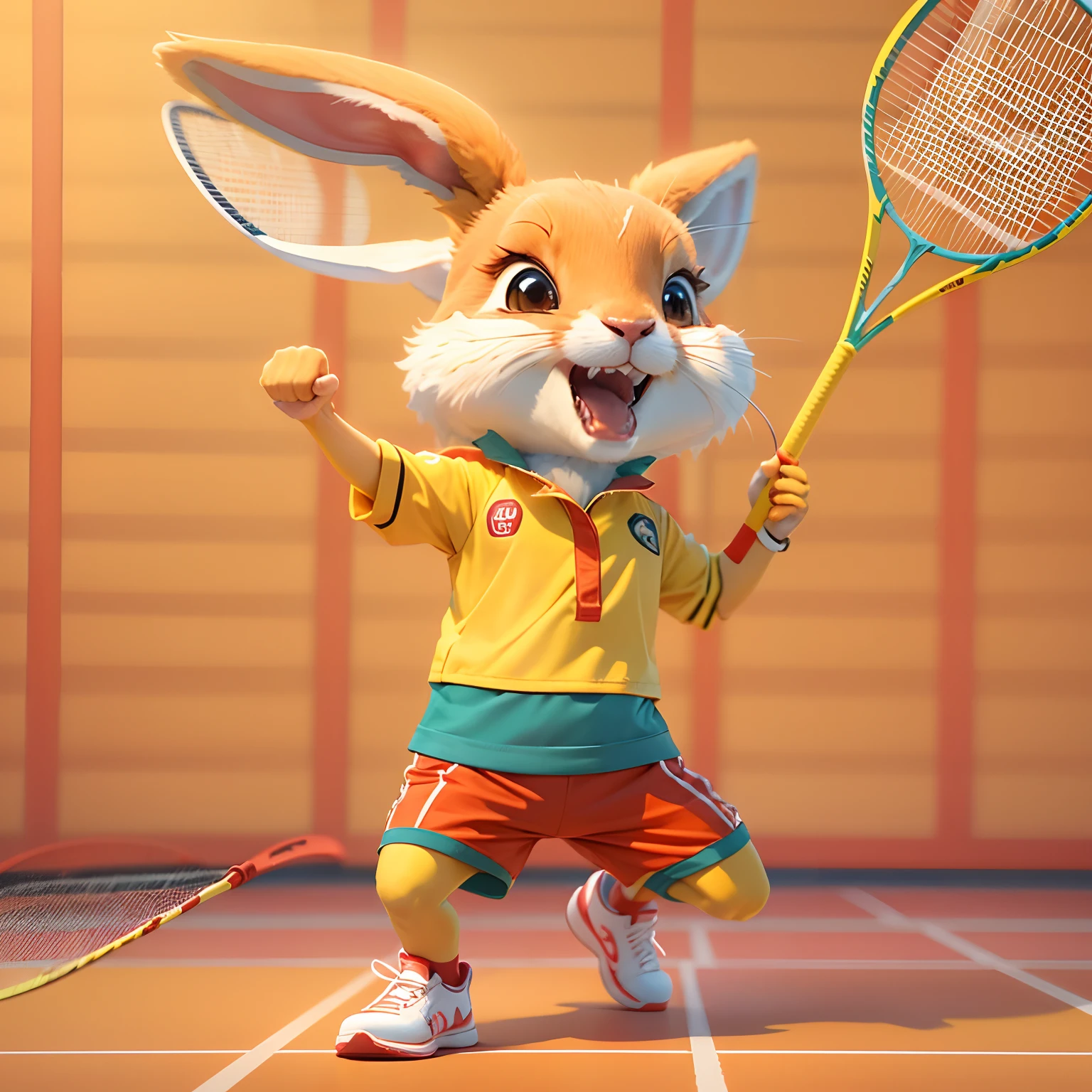 A rabbit is playing badminton, red blouse, Yellow shorts,Red YY tracksuit, yellow sneakers，Laugh happily, Background with::Arena，3D，cartoonish style，Fox， Background with：Clean blue