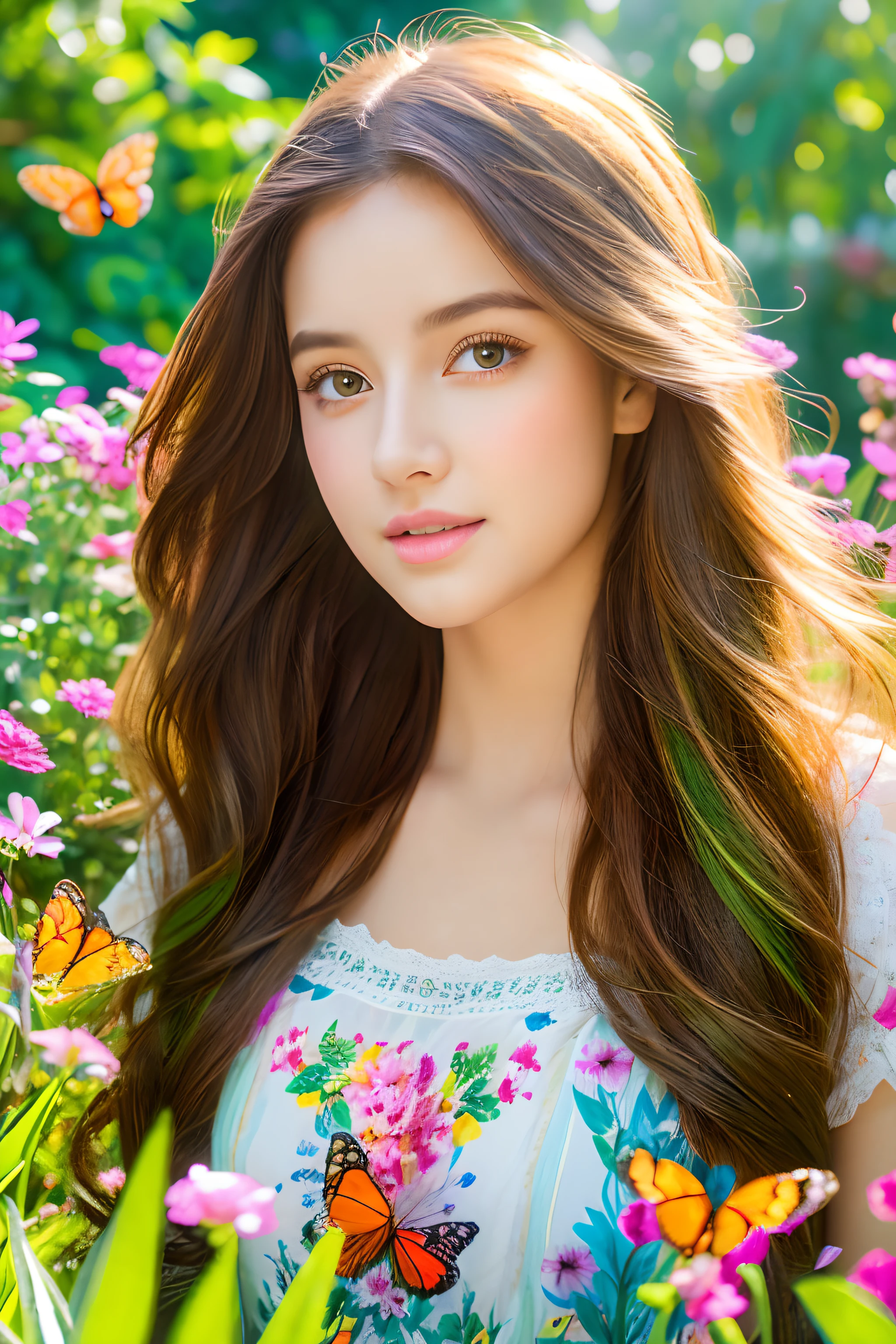 girl standing in a vibrant garden,beautiful detailed eyes,beautiful detailed lips,extremely detailed face,flowing hair,green grass,colourful flowers,butterflies,faint breeze,medium:oil painting,highres,ultra-detailed,realistic:1.37,vivid colors,soft sunlight