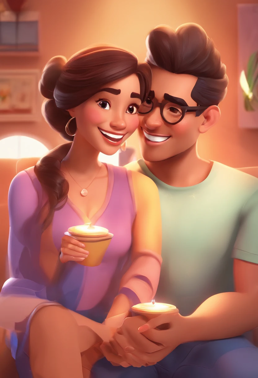 An illustration of an adorable couple, Highlight for a chubby mulatto man with glasses smiling and a brunette woman with beautiful expressive eyes - the man's skin is mulatto and the man's hair haswhile the woman's skin is black and the woman's hair is straight and brown. They are a bright room, cada um com um sorriso no rosto, e compartilhar um momento especial caracterizado pelo amor, Insights. Illustrate this scene from a perspective where they are facing the camera, Smiling and Showing Your Connection. Desenvolva esta arte em Full HD, Focus on your cinematic touch, Estilo Disney Pixar Animations