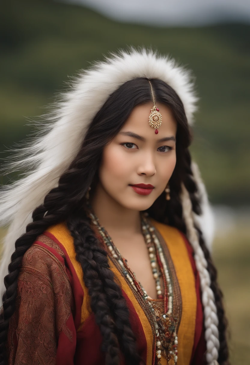 a girl, long braids, Menina tibetana, Close-up, head slightly raised, sorrir, foto busto, parte superior do corpo, Yang transcendence appearance, lindo traje tibetano, colar tibetano pesado, cocar tibetano pesado, Fluff em roupas, Flull de animal branco, CG pessoa real, estilo doce, Estilo de filme, HD 4k |