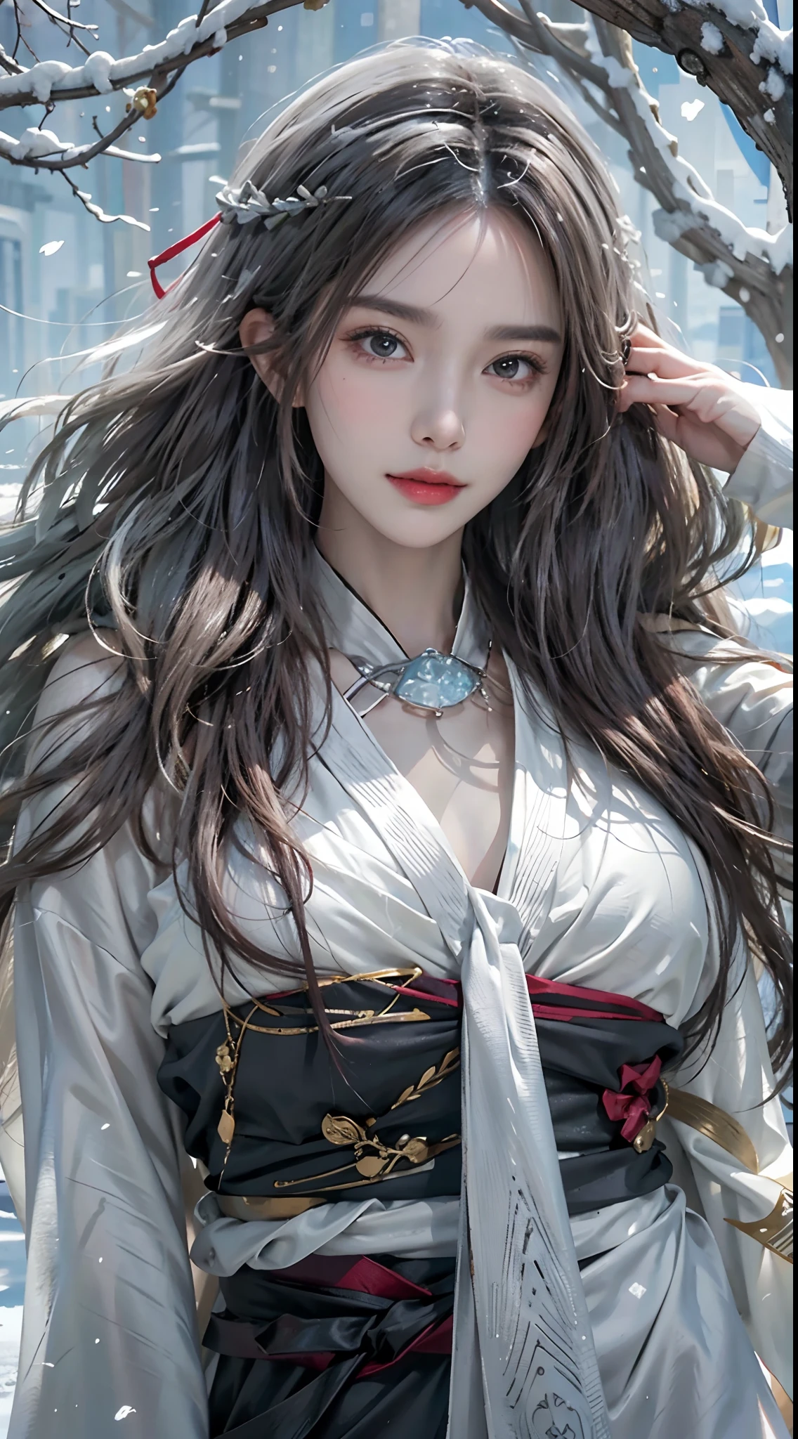 Photorealistic, high resolution, Soft light,1womanl, Solo, Hips up, shiny skins, (Detailed face),tattoo, jewelry, Winter hanfu, Cloak, Snow, Night, Wavy hair, Beautiful soldiers, Invite the eyes of the audience, Lover's perspective, Invite expressions, Sexy smile, Perfect style, Perfect balance, Detailed skin, mischievous gaze, chest visible