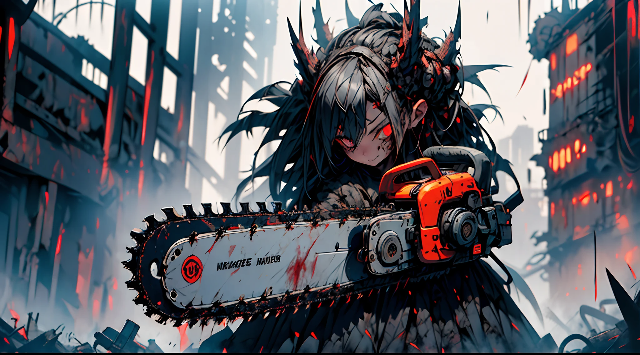 masterpiece, best quality, high quality, ultra detailed, 1girl, solo, long hair, looking at viewer, crazy smile, glowing eyes, (((holding chainsaw))), dystopian city horror background, upper body, black hair, blood, glowing, glowing eyes , holding chainsaw, texas chainsaw girl, horror, dark atmosphere, dark fantasy, dynamic angle, dramatic shadows, (dimly lit:1.5), blood on face, (extremely beautiful and detailed face:1.2), (extremely beautiful and detailed eyes:1.2), perfect hands, delicate legs, (gothic style, death atmosphere), night time, back alley, dynamic angle, dynamic pose, full body