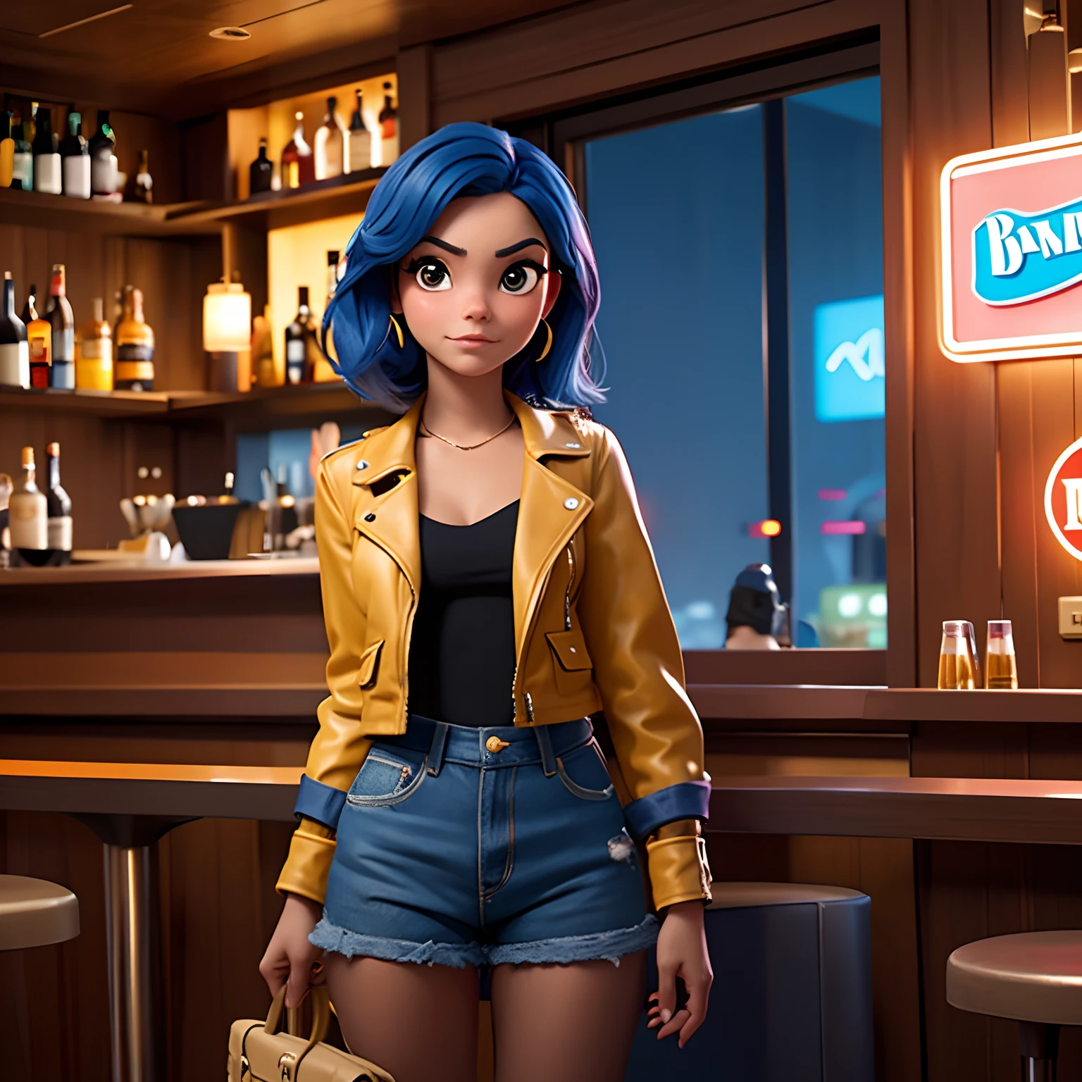 Crie uma imagem no estilo filmes da pixar, com uma menina parecida com a Vanessa Hudgens usando jaqueta de couro, bebendo em um bar