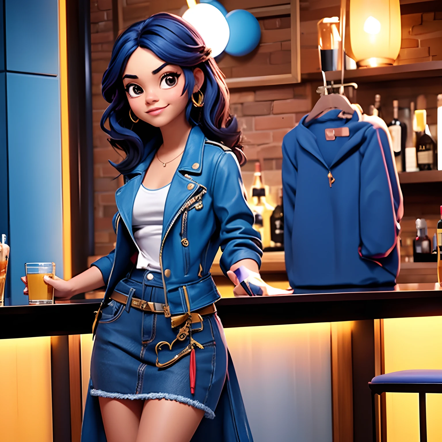 Crie uma imagem no estilo filmes da pixar, com uma menina parecida com a Vanessa Hudgens usando jaqueta de couro, bebendo em um bar
