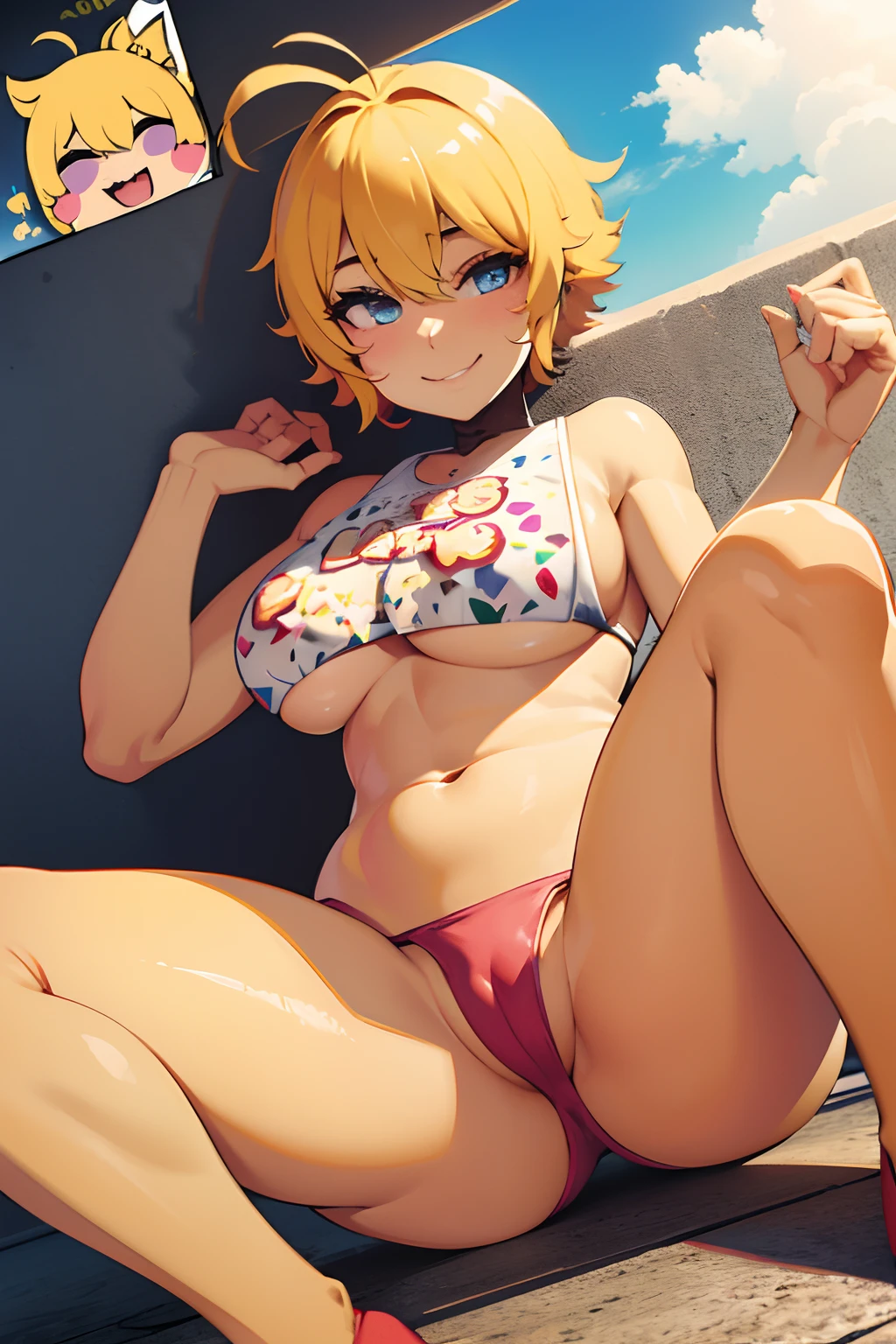 Sexy, Big breasts, cute smile, (marked pussy) (yellow hair) ((marked pussy)) ((short hair))((bikini))