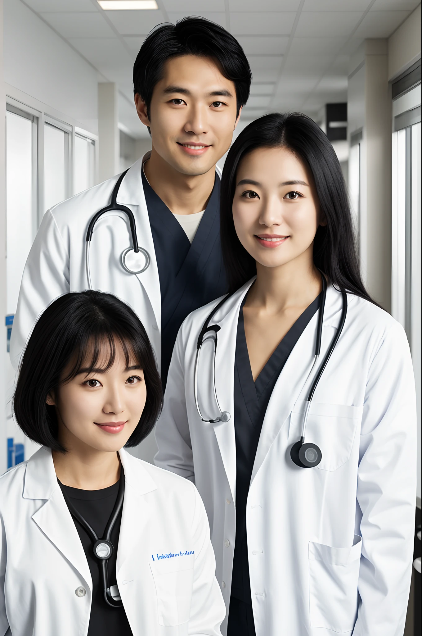 a white woman, with black hair and dark brown eyes, mixed race, with a lab coat and stethoscope in a hospital, and by her side a Japanese man with black hair, dark brown eyes and white skin