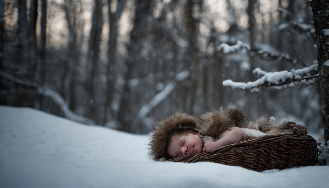 newly  lies in a nest of rags and furs in the snow covered forest at midnight, medieval Hungary, snow falls heavily, night, scene from a horror film, 8k, ultrarealistic, cinematic, cinematic scene from film