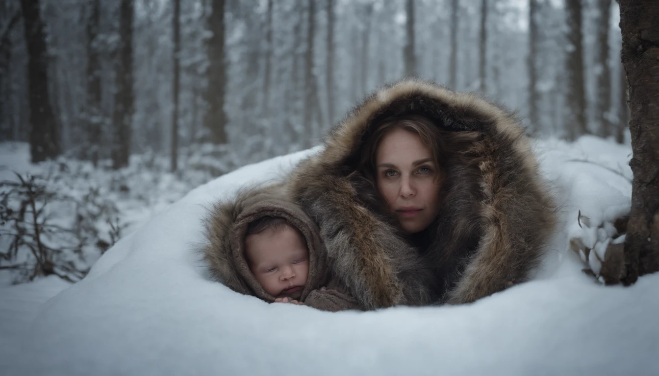 newly lies in a nest of rags and furs in the snow covered forest at midnight, medieval Hungary, snow falls heavily, night, scene from a horror film, 8k, ultrarealistic, cinematic, cinematic scene from film