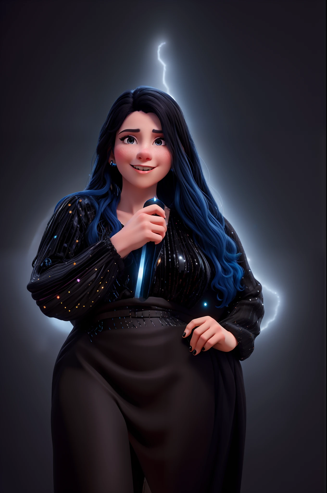 avatardisneypixel,woman with black sparkly dress,women in avatar style,black background,show lights