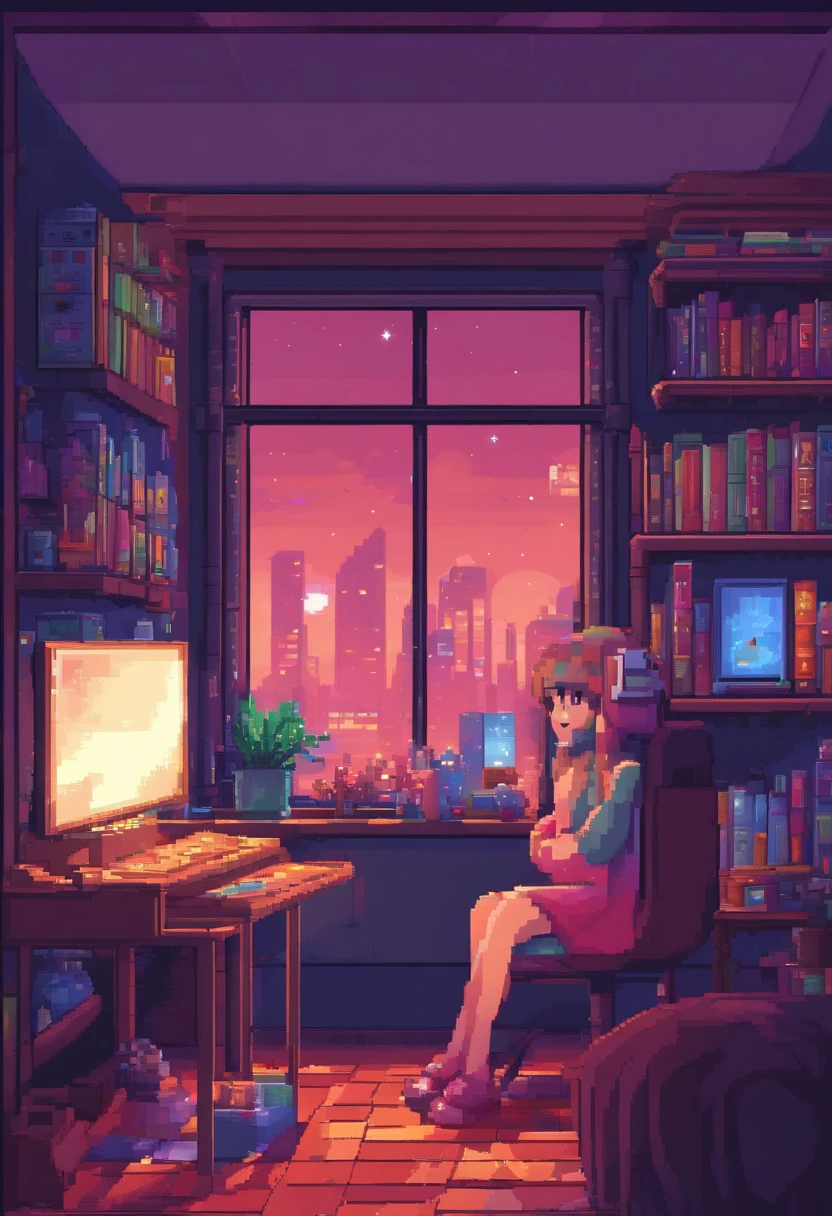 Beautiful teenager in her room in the city、Alerts earpads studding book computer in front of stars in ultra-realistic windows at night,8K,Ultra-high definition,Pixar style,High Definition,16:9