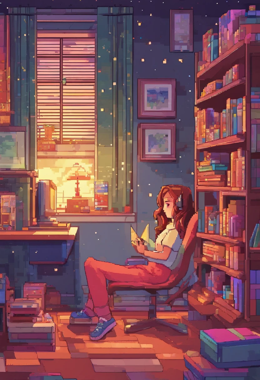 Beautiful ager in her room in the city、Alerts earpads studding book computer in front of stars in ultra-realistic windows at night,8K,Ultra-high definition,Pixar style,High Definition,16:9