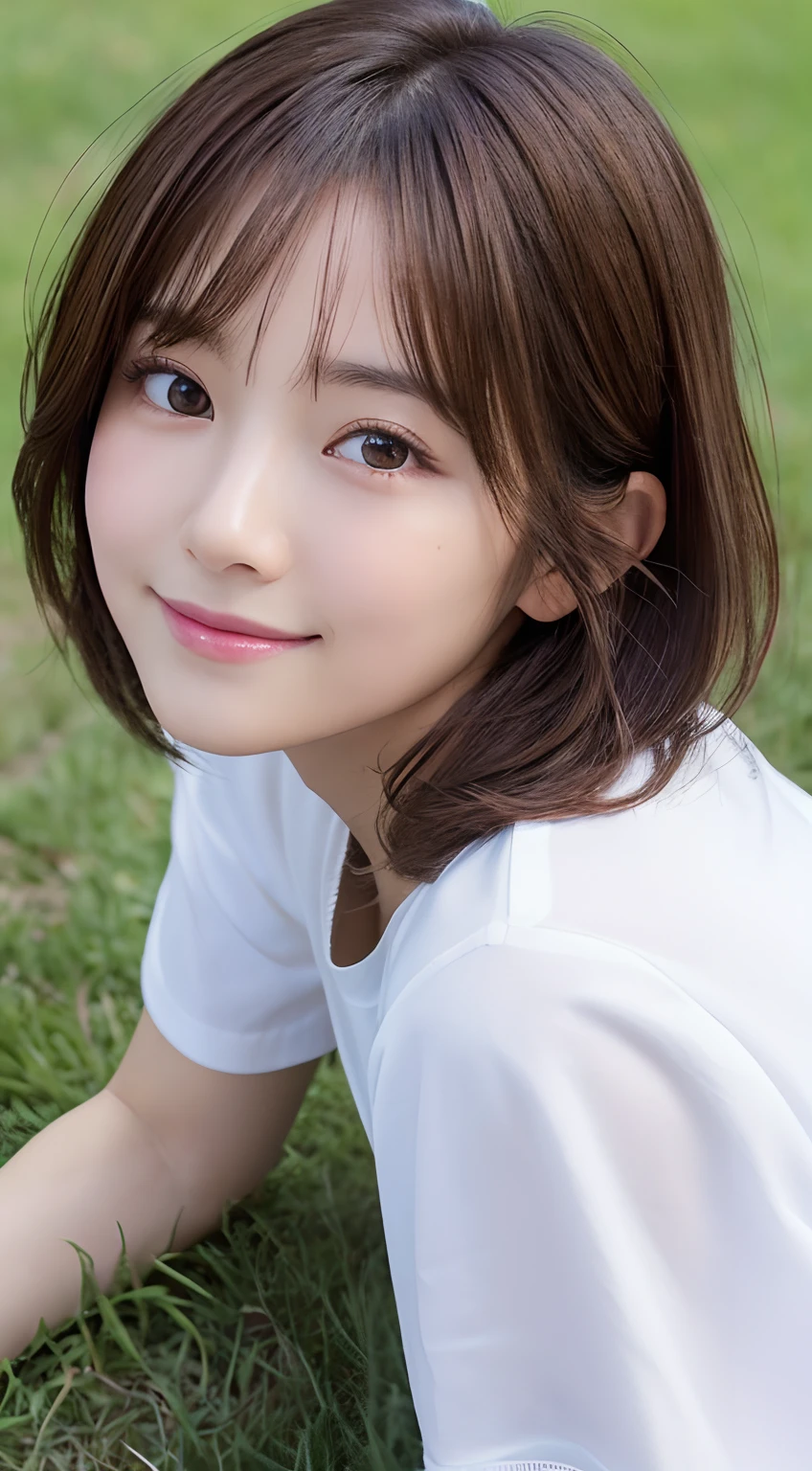 (top quality,8K quality,​Masterpiece:1.3,),(ultra high resolution:1.3,Realism:1.4,original photography:1.2),(Super detailed:1.2,shiny skin,Delicate skin:1.1),(Detailed face,perfect anatomy,Caustics:1.2),on the grass,sleep on your back,top view,,1 girl,kawaii,Japanese,22 years old,Japan Ita,natural brown hair,curl short hair outwards,beautiful eyes,natural makeup,oversized t-shirt,a smile,looking at camera,face,Face focus,professional lighting,natural soft light,