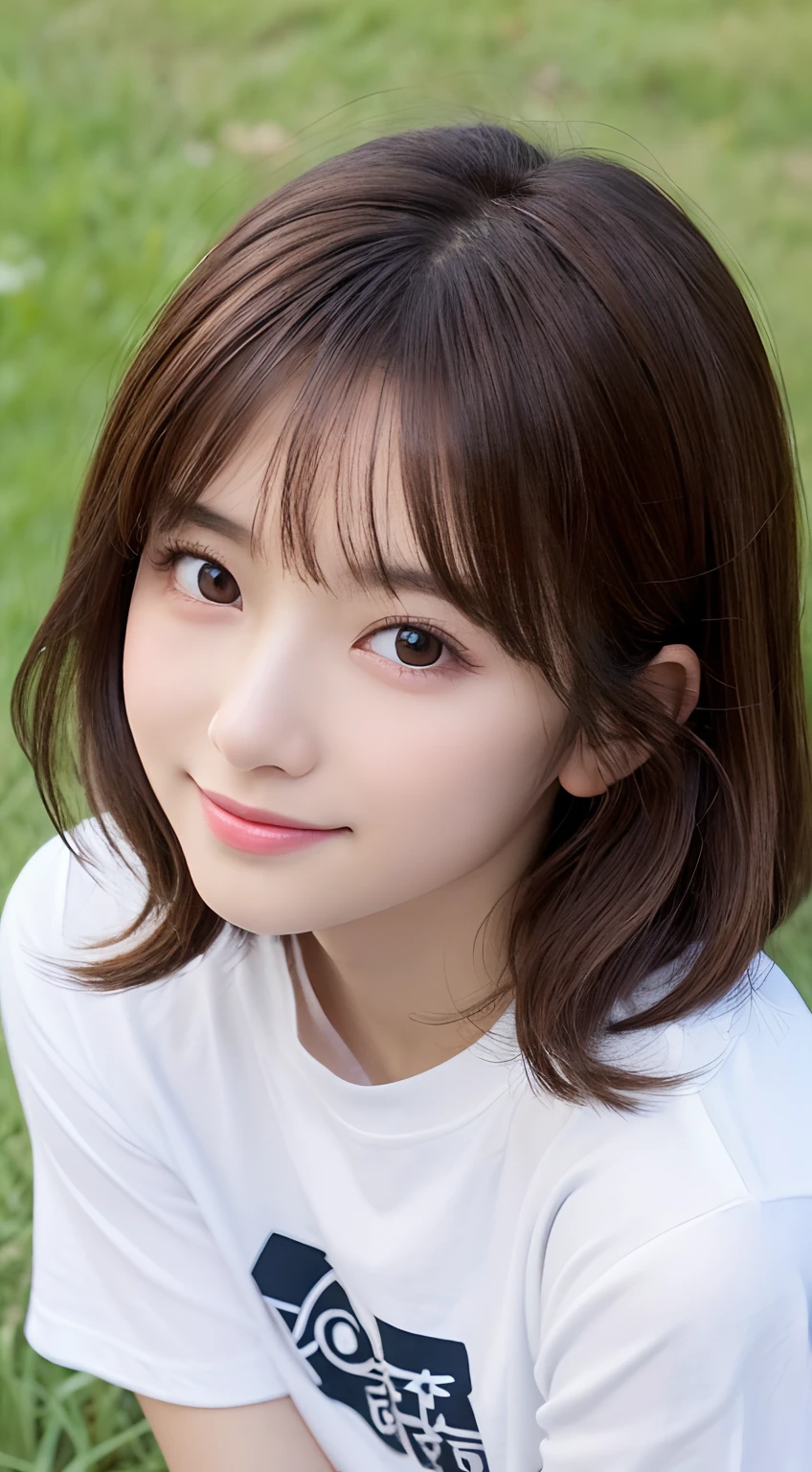 (top-quality,8K picture quality,masterpiece:1.3,),(超A high resolution:1.3,Photorealsitic:1.4,Raw photography:1.2),(ultra-detailliert:1.2,shinny skin,Detailed skin:1.1),(Detailed face,Perfect Anatomy,Caustics:1.2),On the lawn,Sleep on your back,Overhead view,,女の子1人,kawaii,japanes,22year old,Japanese ido,Natural brown hair,Curl short hair outward,Pretty eyes,natural make up,Oversized T-shirt,a smile,Looking at the camera,up on the face,Face Focus,Professional Lighting,natural soft light,