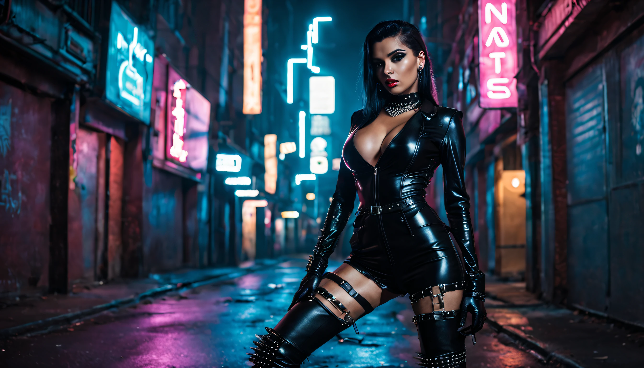 woman wearing a black PVC low-cut catsuit thigh High boots chains studs and spikes , ridinig motor bike, in cyberpunk city at night , enlightened by neons