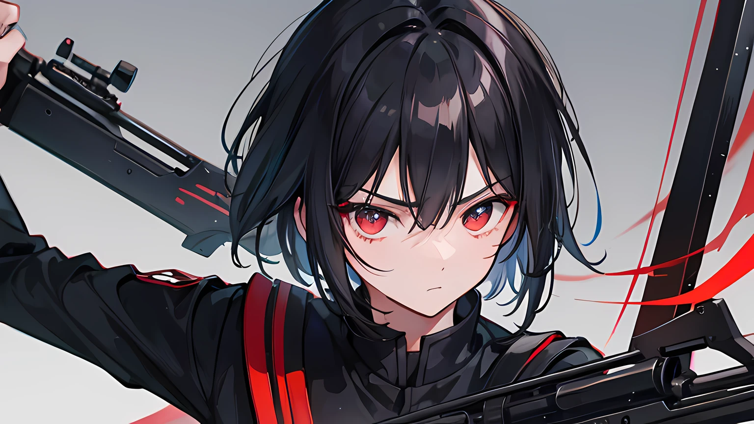a boy with holding a rifle, black hair color, using black Uniforms of the Imperial Japanese Army, looking at the camera, attacking pose, red eye color, high quality anime eye detail, high quality anime style, ufotable style animation
