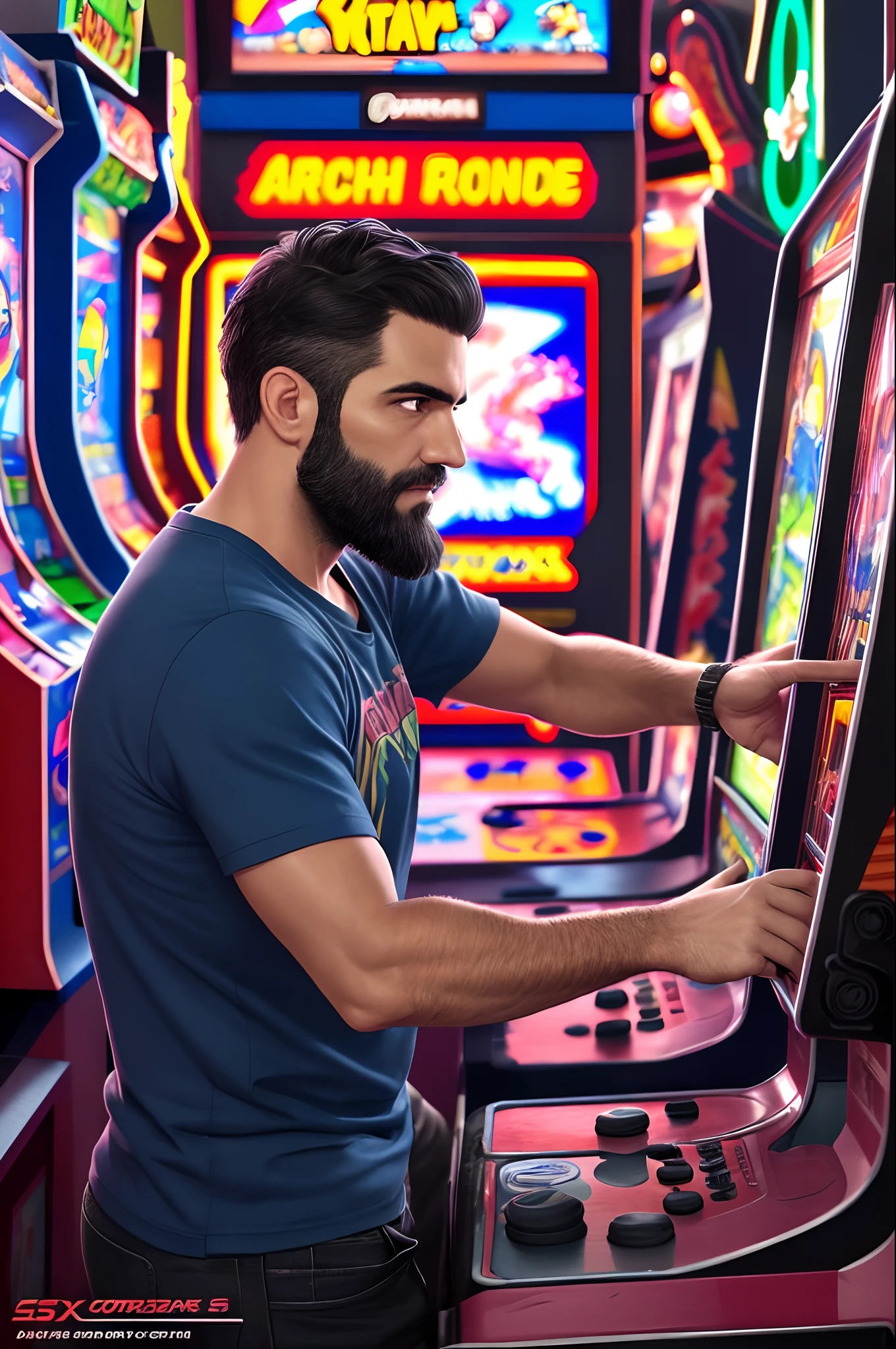 The image shows a 41-year-old man of Brazilian descent with short black gradient hair parted to the right with a sawn beard already turning gray, From the back playing Street Fightes 2 Alpha in an arcade with your left hand on the controller and your right hand on the arcade buttons. The man is wearing a dark blue t-shirt and looking at the arcade screen, mostrando assim somente as costas, with several other arcade machines with other games around it --auto --s2
