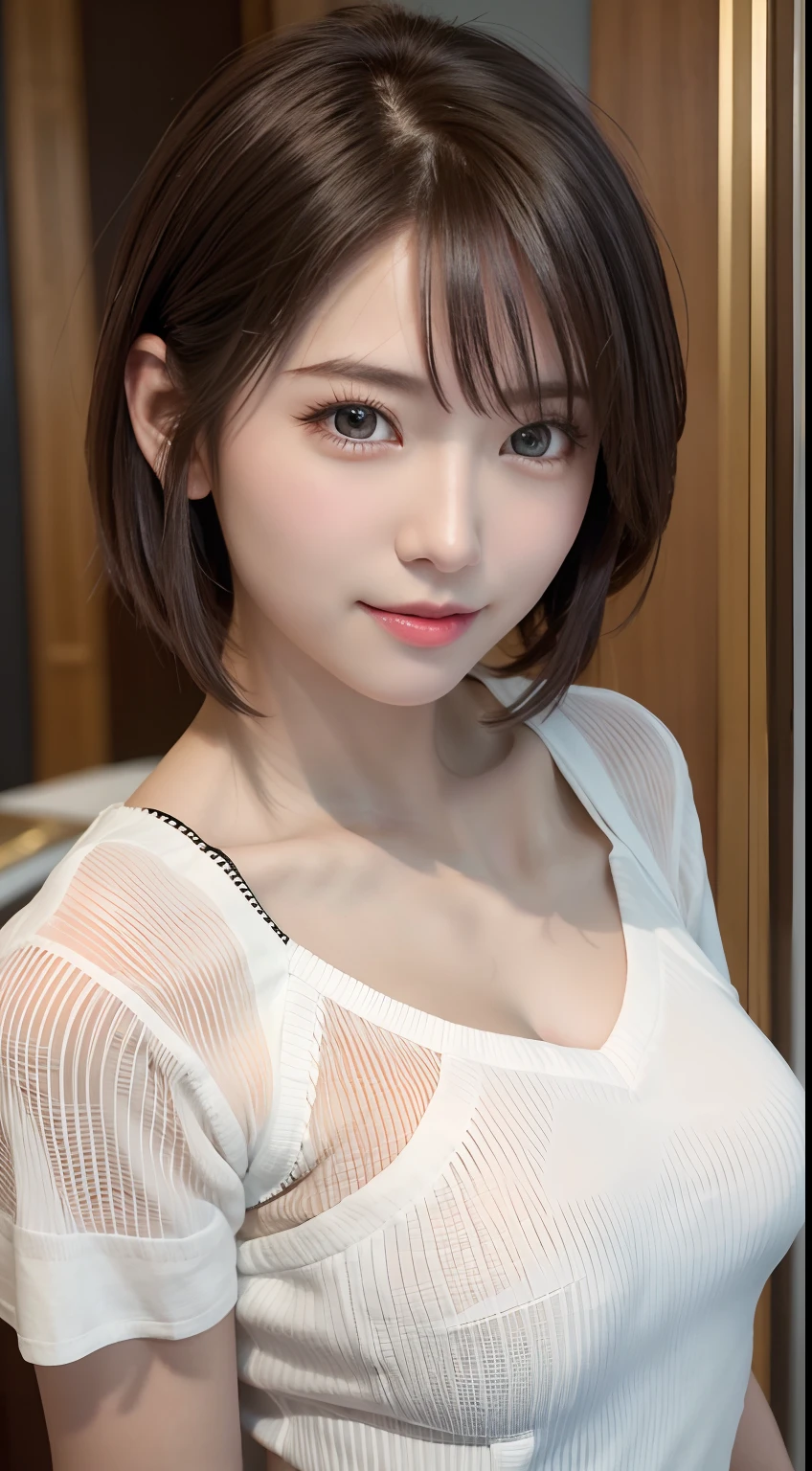 Best quality, 超高分辨率, (Photorealistic: 1.4), Beautiful eyes, Super beautiful, Very short hair, Beautiful, Sweetheart, t-shirt with rough chest, Beautiful soldiers, Catch the audience's eye, Lover's perspective, Invitation expression, Sexy smile, Perfect style, Perfect balance, Detailed skin, mischievous gaze, chest visible