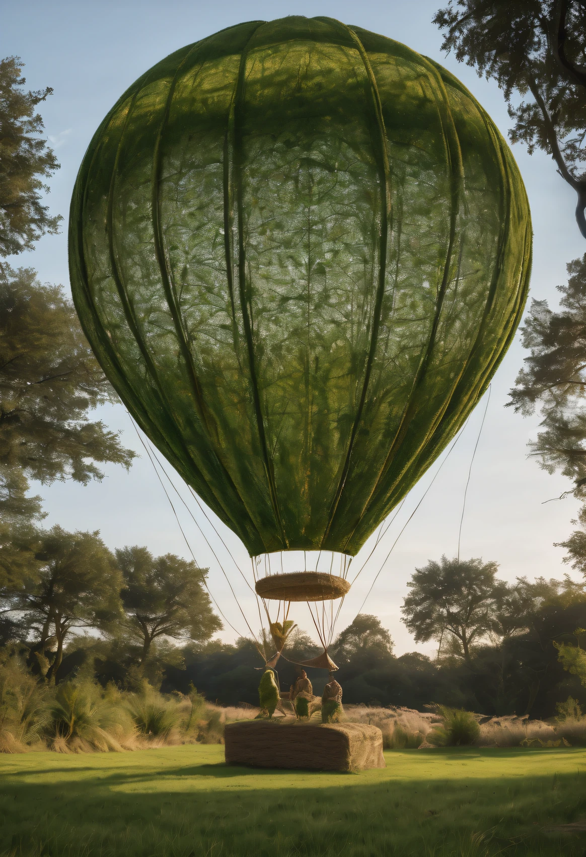 a hot air balloon made entirely of grass. The sculpture showcases the delicate craftsmanship , creating a stunning and ethereal visual effect. The use of light and shadows adds depth and dimension to the picture, evoking a sense of fragility and beauty.