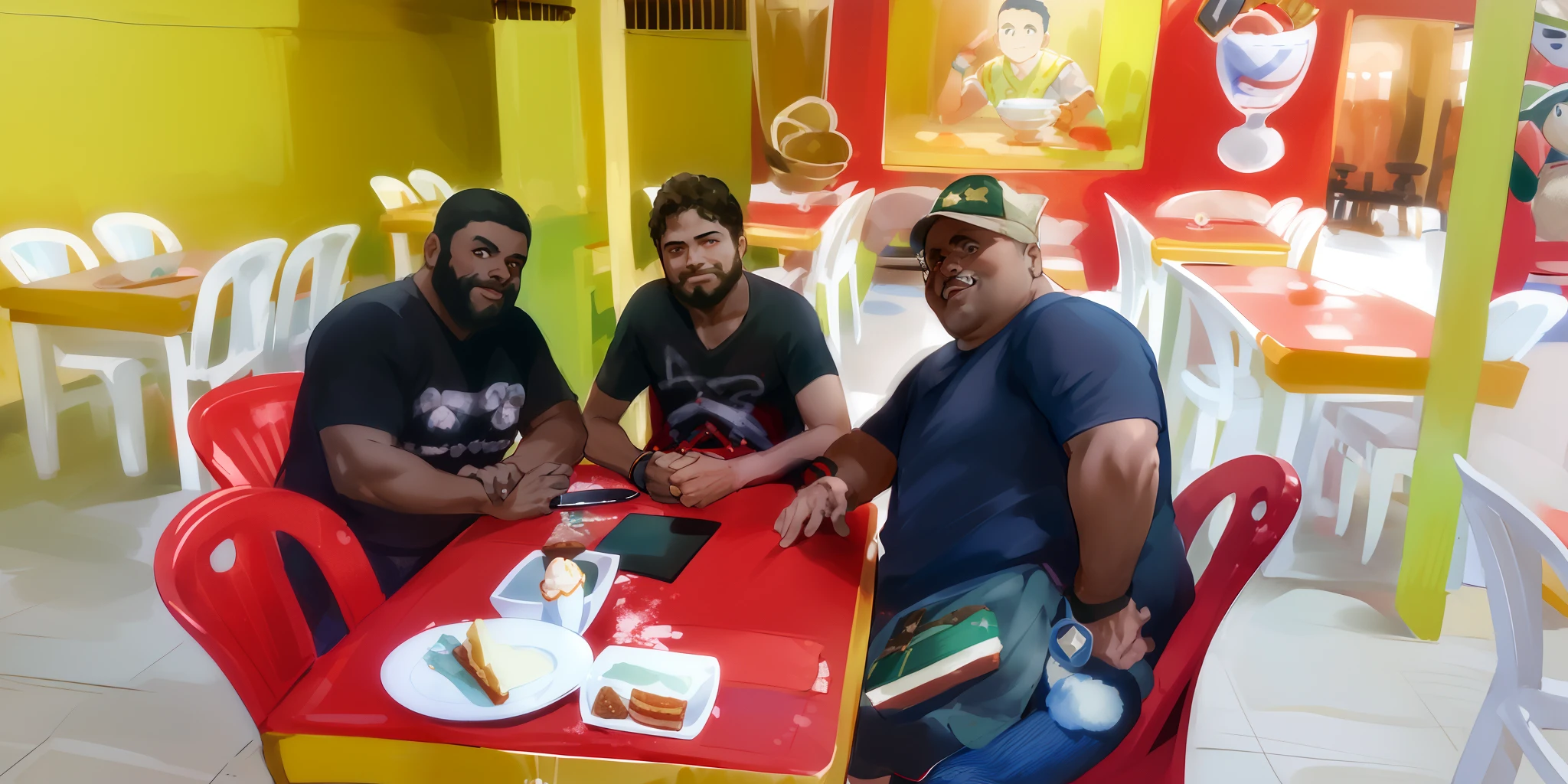 Three men sitting at a table with a red tablecloth, Paulo Pepera Pablo Roldan, mesa, Directed by: Nandor Soldier, Ronaldo Luis Nazario da Lima, Maher Morcos |, Alarcon Cartunista, Ronaldo Luis Nazario de Lima, múseca illil, gostoso, caio santos, In Sao Paulo, salvador