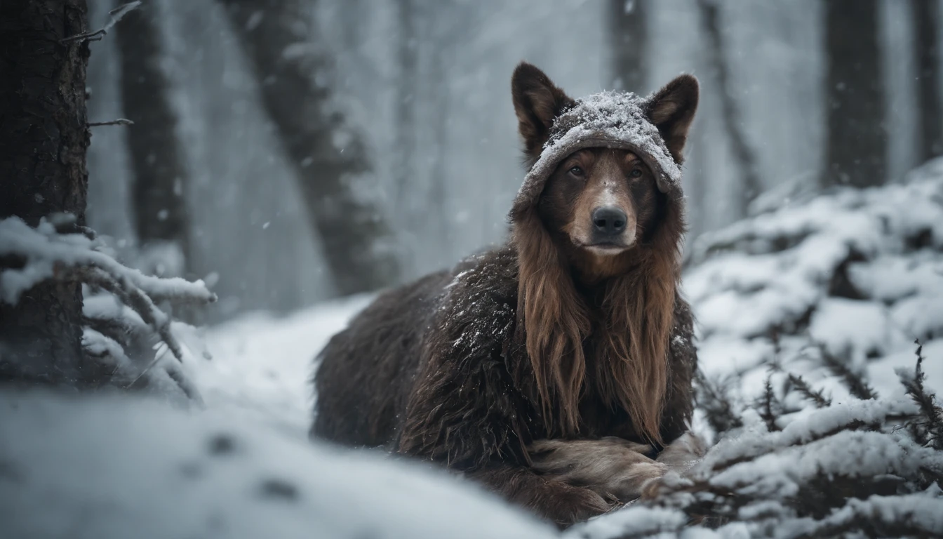 newly birthed baby lies in a nest of rags and furs in the snow covered forest at midnight, medieval Hungary, snow falls heavily, night, scene from a horror film, 8k, ultrarealistic, cinematic, cinematic scene from film