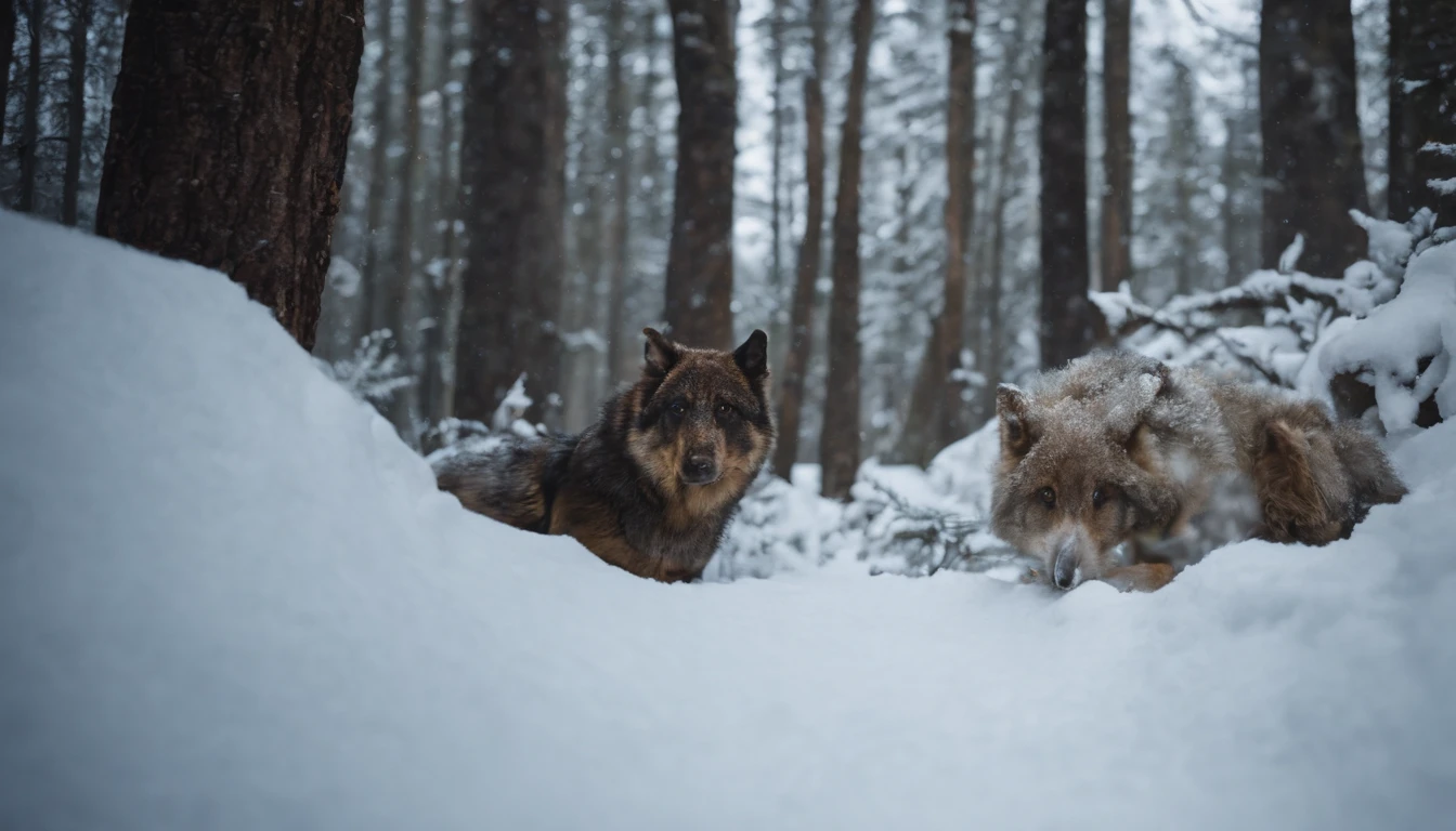 newly birthed baby lies in a nest of rags and furs in the snow covered forest at midnight, medieval Hungary, snow falls heavily, night, scene from a horror film, 8k, ultrarealistic, cinematic, cinematic scene from film