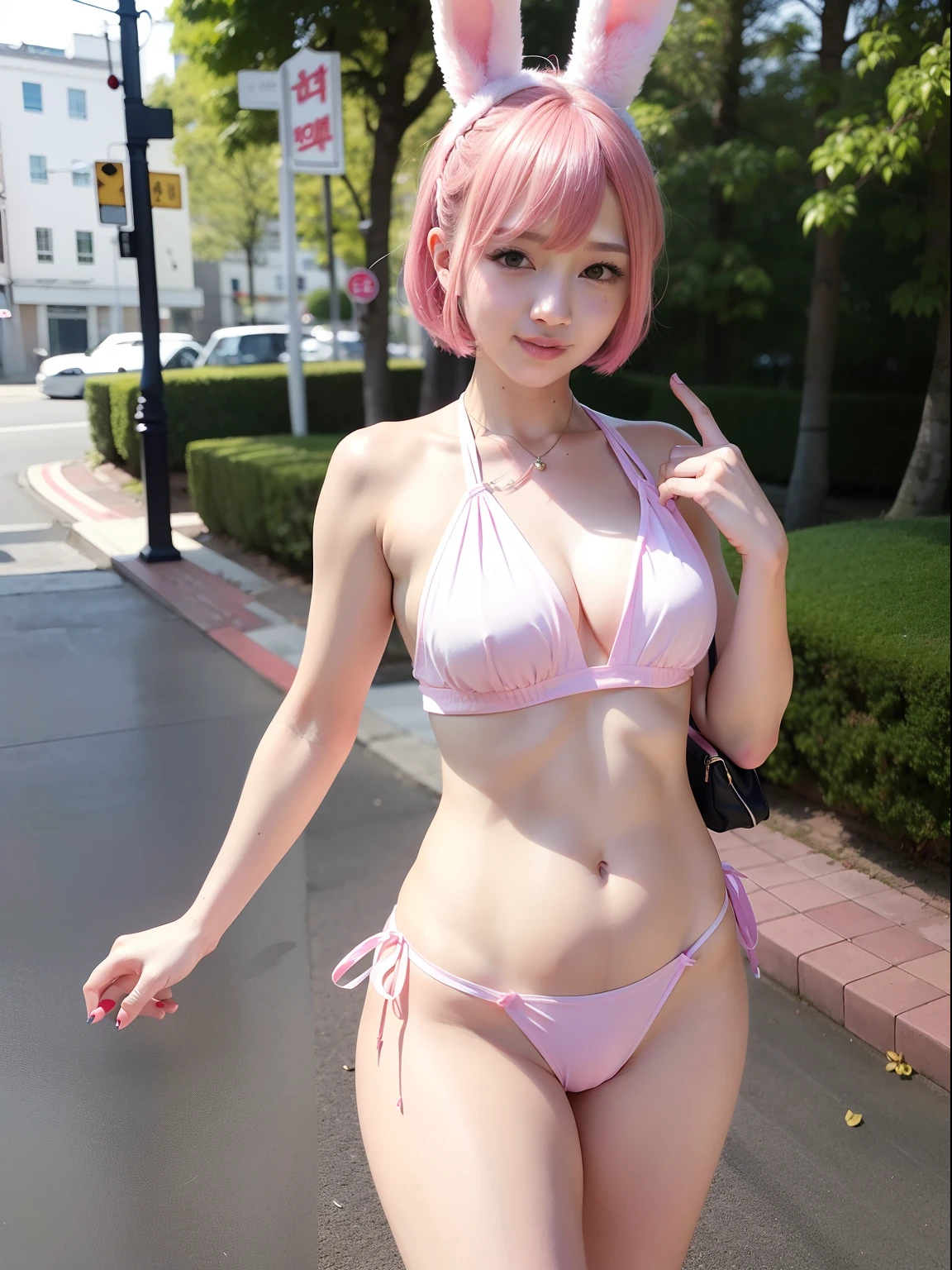 The bikini、the morning sun、Take a walk around the city、Pink shortcuts、(8K, top-quality, ​masterpiece:1.2), (realisitic, Photorealsitic:1.37), ultra-detailliert, 1 girl in, full body Esbian,  (Adjusted hair:1.5) Officelady, cute little、独奏、Night Hotel、(A smile:1.15)、(Mouth closed)、tiny chest、Eyes in Beautiful Details、Business attire、（short-hair：1.2）、Floating Hair NovaFrogStyle、Hotel Bed、masuter piece、Pink Shortcut Bob、Realistic rabbit ears、Pink realistic rabbit ears、Realistic ears of rabbits sticking out of the head、Pink hair、Beautiful girl in her 20s、Bewitching atmosphere、Beautiful shaped hands、K-POP、Pink rabbit ears、1 girl in、独奏、​masterpiece、top-quality、realisitic、Hyper-detailing、absurderes、short pink hair、Slender beauties、动态照明、hight resolution、foco nítido、depth of fields、(thick thight:1.0)、A slender :1.2，((Short-cut bob hair))、((k pop:1.3))，Highly detailed facial and skin texture、((魅惑的))，Anatomically correct number of fingers，Correct anatomy