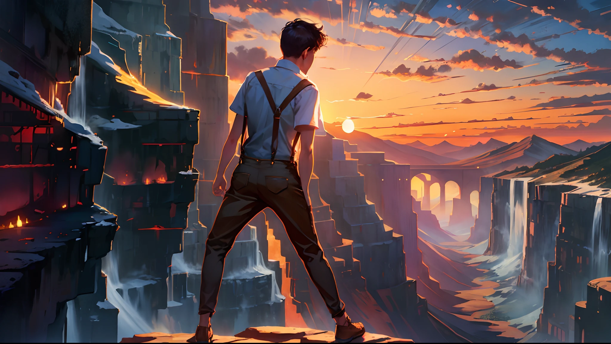 the sunset,eventide,Big Mountain,Medium short hair,Suspenders,Put your feet on the ground,Boy student,Iron Mountain Back,Behind the man is a cliff, Look up at 45 degrees