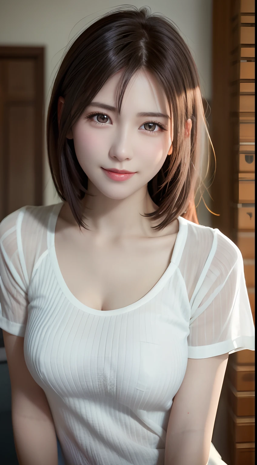 ((masterpiece)), ((Highest quality)), ((Complex)), ((Surreal)), (Realistic), (Mature Woman), ((There are no classes)), Very detailed, (1 female), Beautiful and exquisite, (Beautiful Teeth), Grin, Brunette Bob Hair, Brown eyes, ((blouse)), (Upper Body), (background:none), Perfect Eyes, Captivating eyes, Looking at the audience