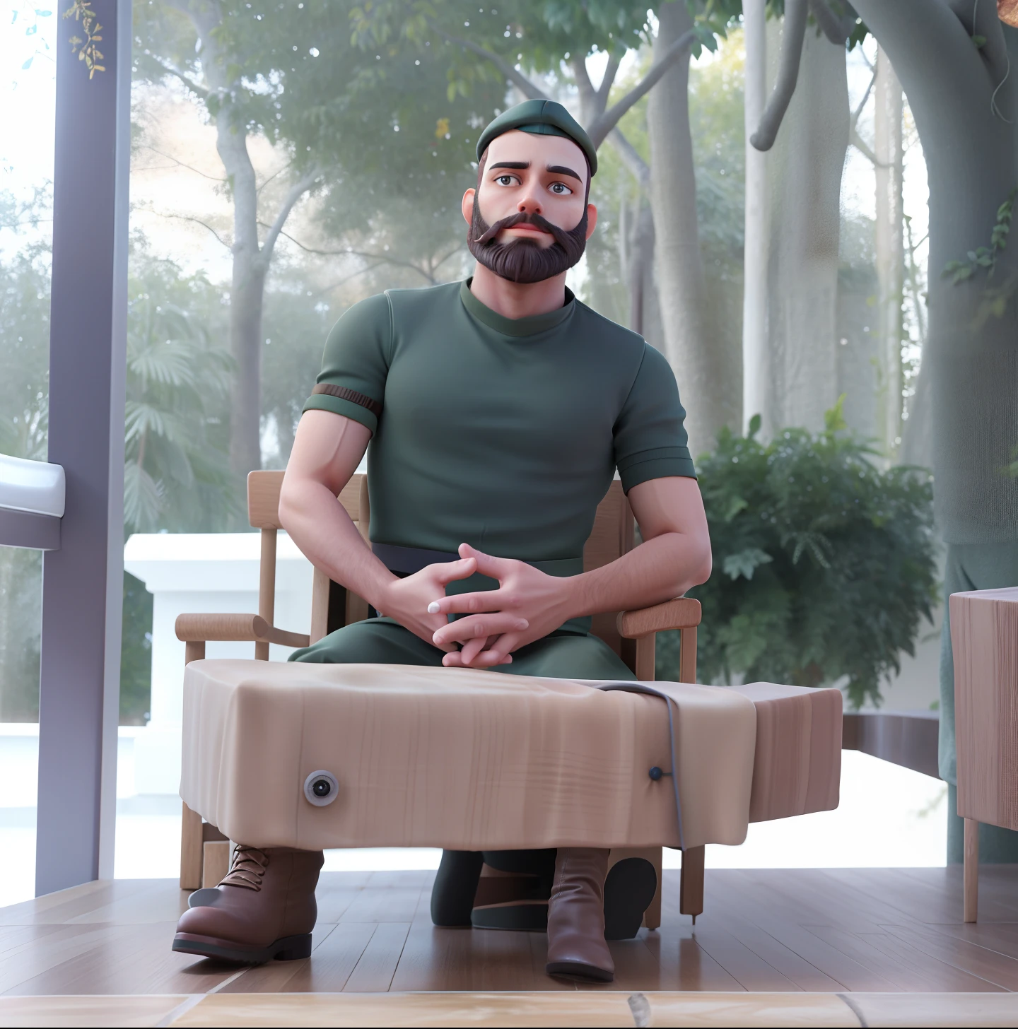 Com barba e roupa militar.