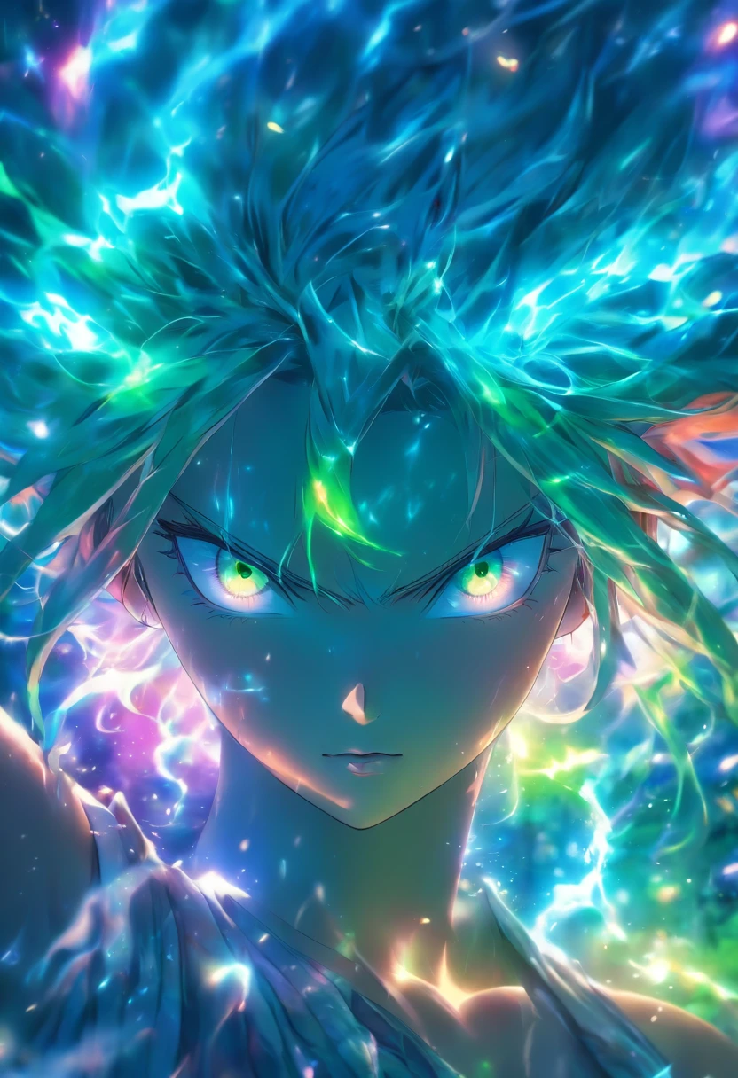 (Best Quality,4K,8K,hight resolution,masutepiece:1.2),Ultra-detailed,(Realistic,Photorealistic,Photorealsitic:1.37),Woman with glowing blue-green eyes,rainbow-colored hair,Cast glowing spells,mystical forest,Illustration,enchanting atmosphere,Vibrant colors,Soft lighting