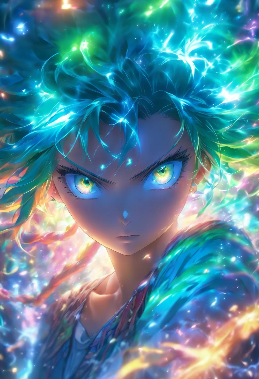 (Best Quality,4K,8K,hight resolution,masutepiece:1.2),Ultra-detailed,(Realistic,Photorealistic,Photorealsitic:1.37),Woman with glowing blue-green eyes,rainbow-colored hair,Cast glowing spells,mystical forest,Illustration,enchanting atmosphere,Vibrant colors,Soft lighting