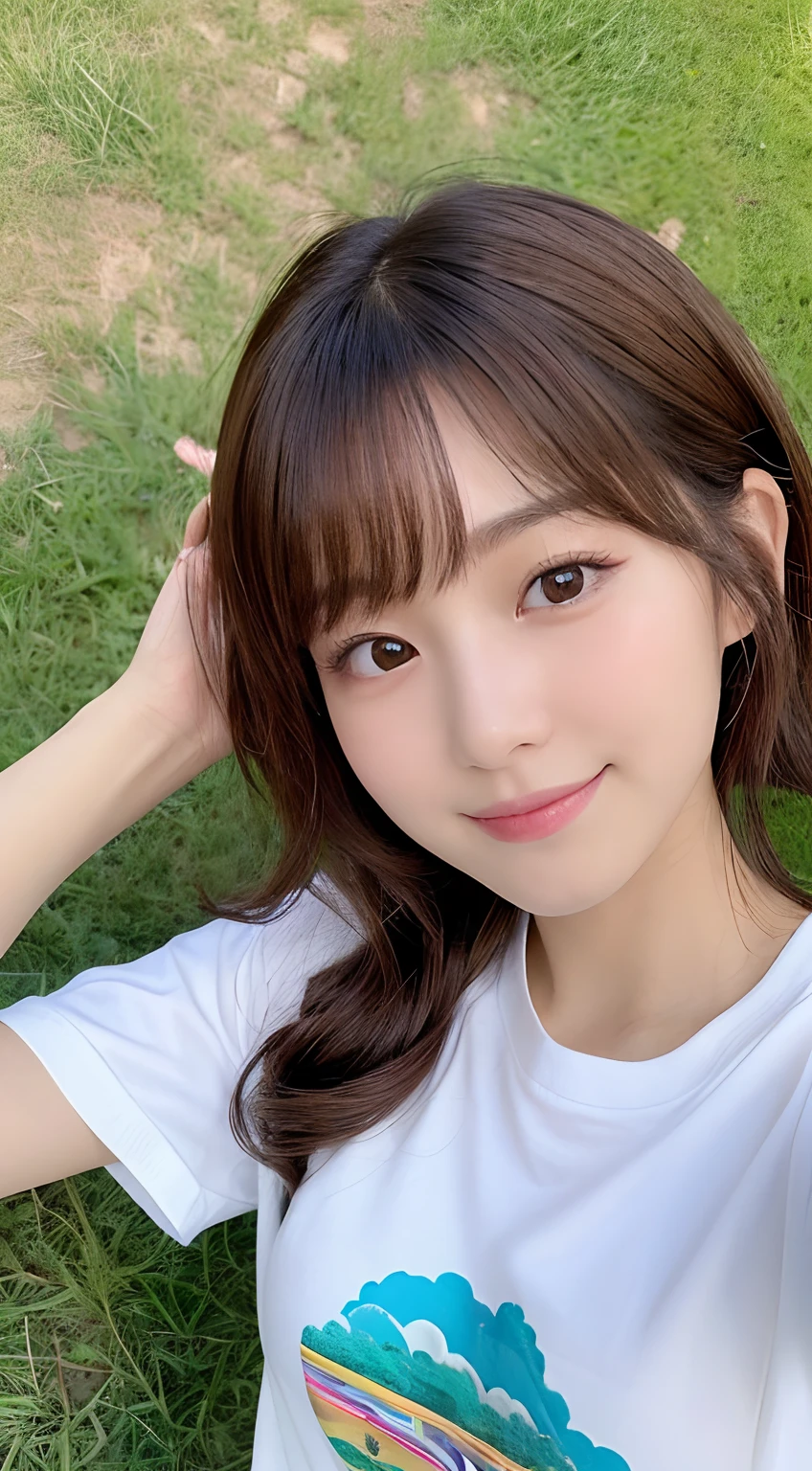 (top-quality,8K picture quality,masterpiece:1.3,),(超A high resolution:1.3,Photorealsitic:1.4,Raw photography:1.2),(ultra-detailliert:1.2,shinny skin,Detailed skin:1.1),(Detailed face,Perfect Anatomy,Caustics:1.2),(On the lawn),(Lying on your back),Overhead view,1人,kawaii,japanes,22year old,Japanese ido,Natural brown hair,Curl short hair outward,Pretty eyes,natural make up,Oversized T-shirt,a smile,Looking at the camera,up on the face,Face Focus,Professional Lighting,natural soft light,