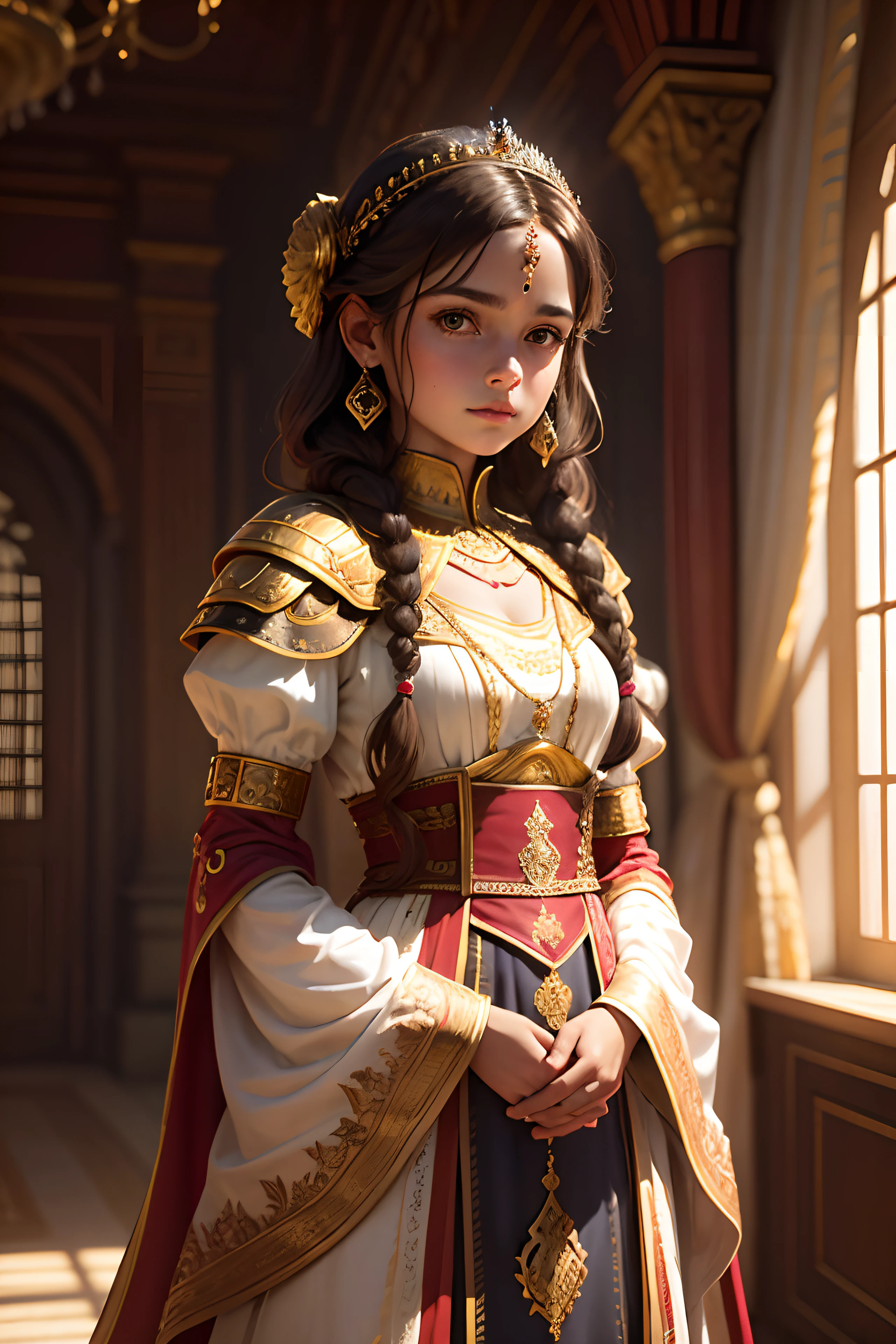 young princess in a palace, girl, luxury royal palace, volumetric lighting, 8k resolution, photorealistic, ultra-high quality, opulent detailed background, dark brown hair in braids, wearing a fancy royal indian battle armor