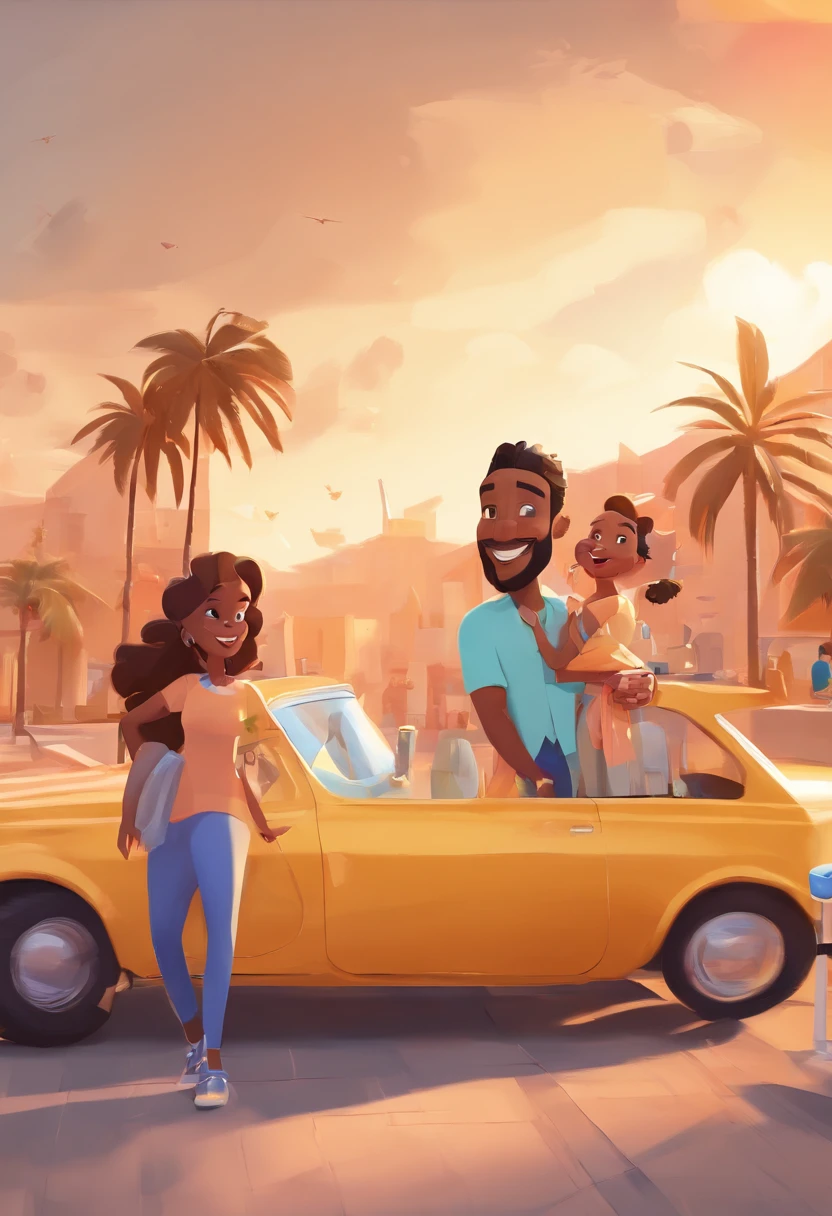 An illustration of an adorable couple, Destaque para um homem negro, calvo, de barba preta, Smiling looking 37 years old, nariz comprido, and a light black woman with beautiful expressive eyes - the man's skin is brown while the woman's skin is black and light, the woman's hair is blonde. They are a bright room, cada um com um sorriso no rosto, e compartilhar um momento especial caracterizado pelo amor, Insights. Illustrate this scene from a perspective where they are facing the camera, Smiling and Showing Your Connection, behind a grey Mazda 2 car. Desenvolva esta arte em Full HD, Focus on your cinematic touch, Estilo Disney Pixar Animations