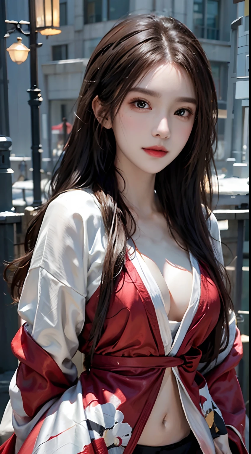 Photorealistic, high resolution, Soft light,1womanl, Solo, Hips up, shiny skins, (Detailed face),tattoo, jewelry, Winter hanfu, Cloak, Snow, Night, Wavy hair, Beautiful soldiers, Catch the audience's eye, Lover's perspective, Invitation expression, Sexy smile, Perfect style, Perfect balance, Detailed skin, mischievous gaze, chest visible